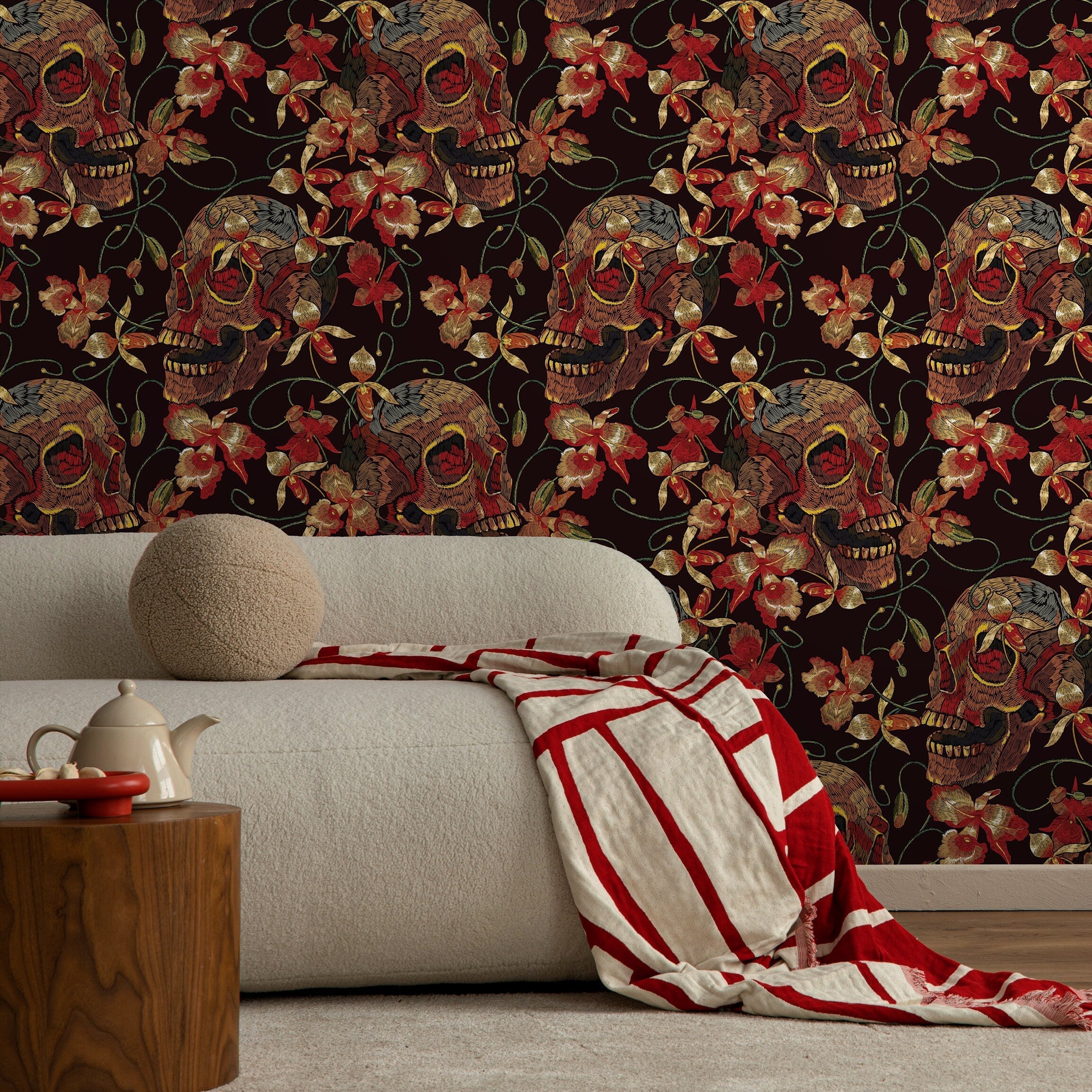 Skull Wallpaper With An Embroidered Floral Motif In Black, Red, And Yellow - D896