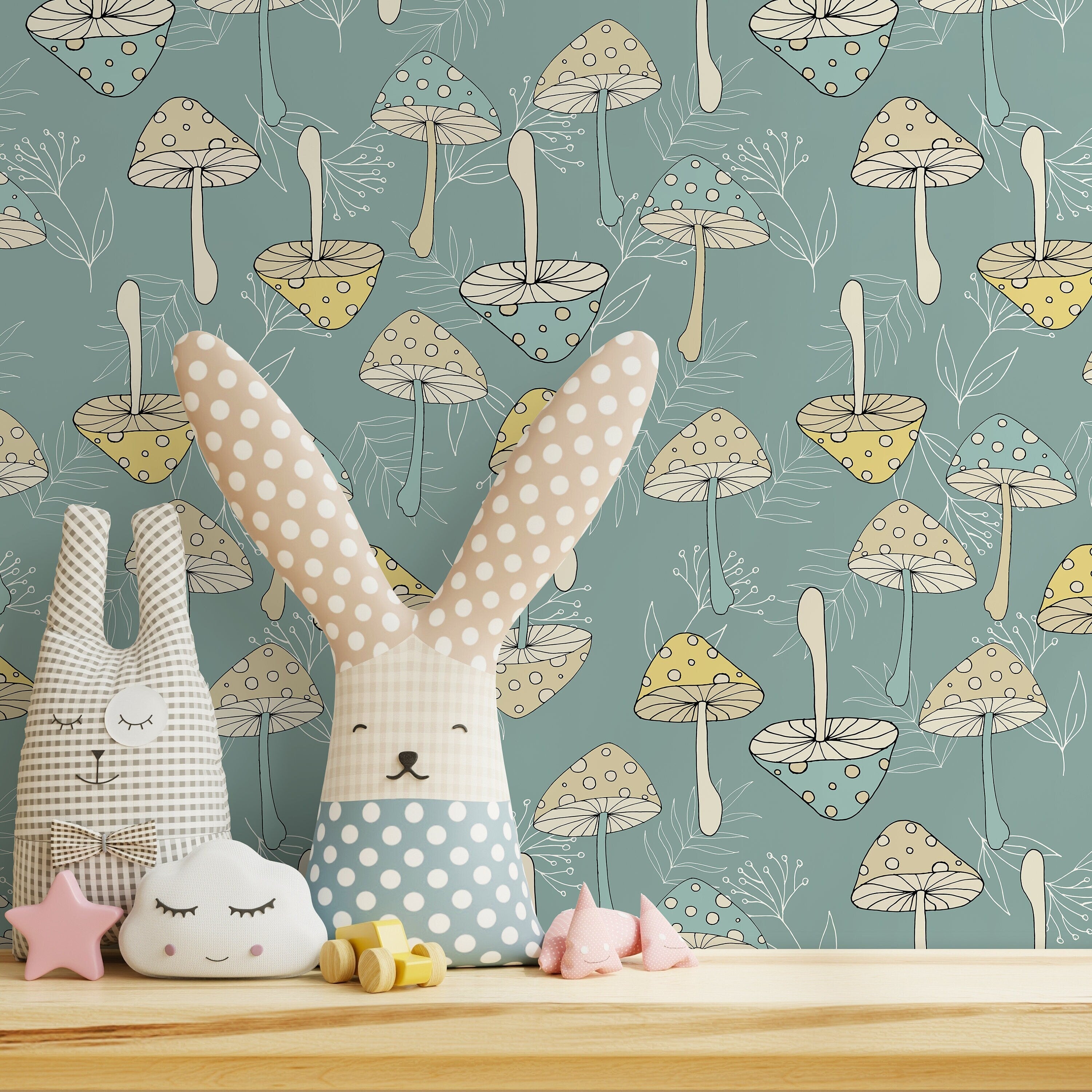 Mushroom Wallpaper With A Whimsical Polka Dot Style In Green, Yellow, And Beige - D892