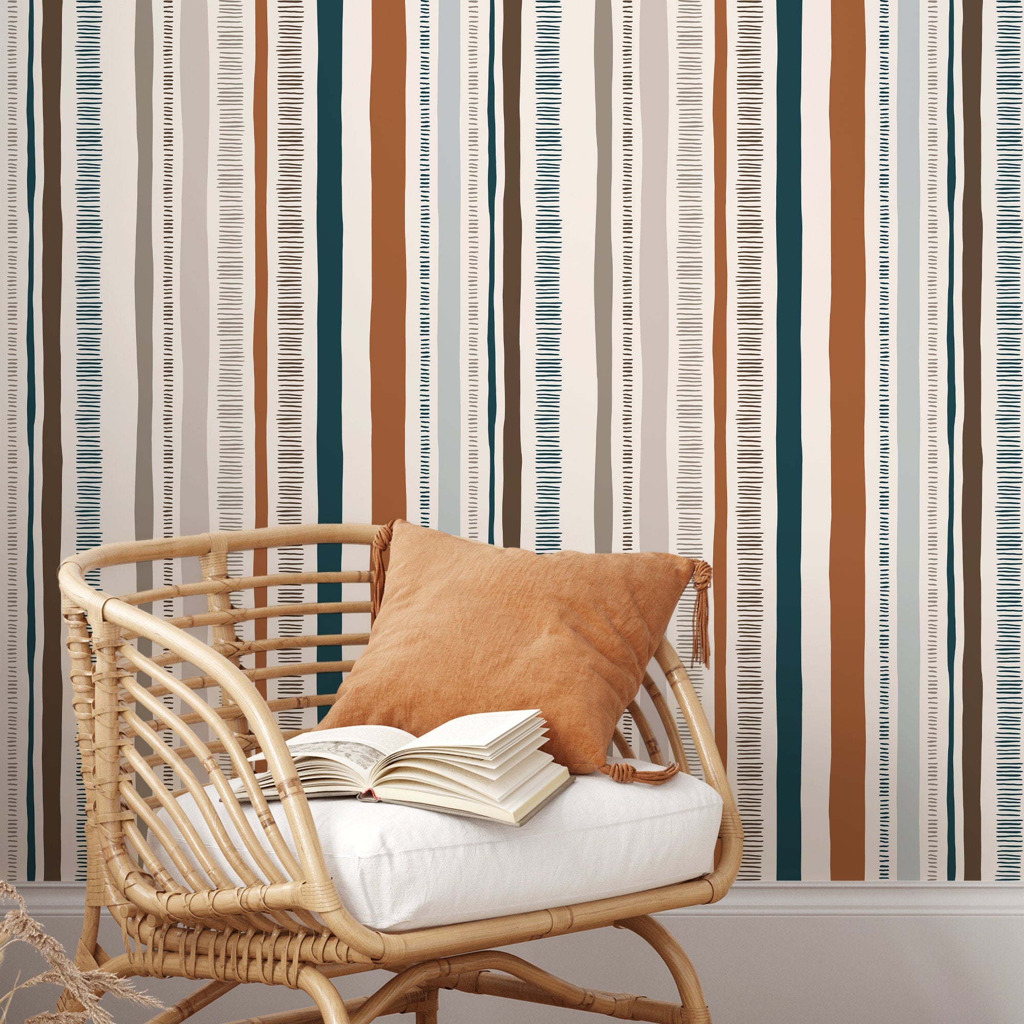 Abstract Wallpaper With Organic Hand-drawn Stripes In Rust, Teal, And Brown - D835