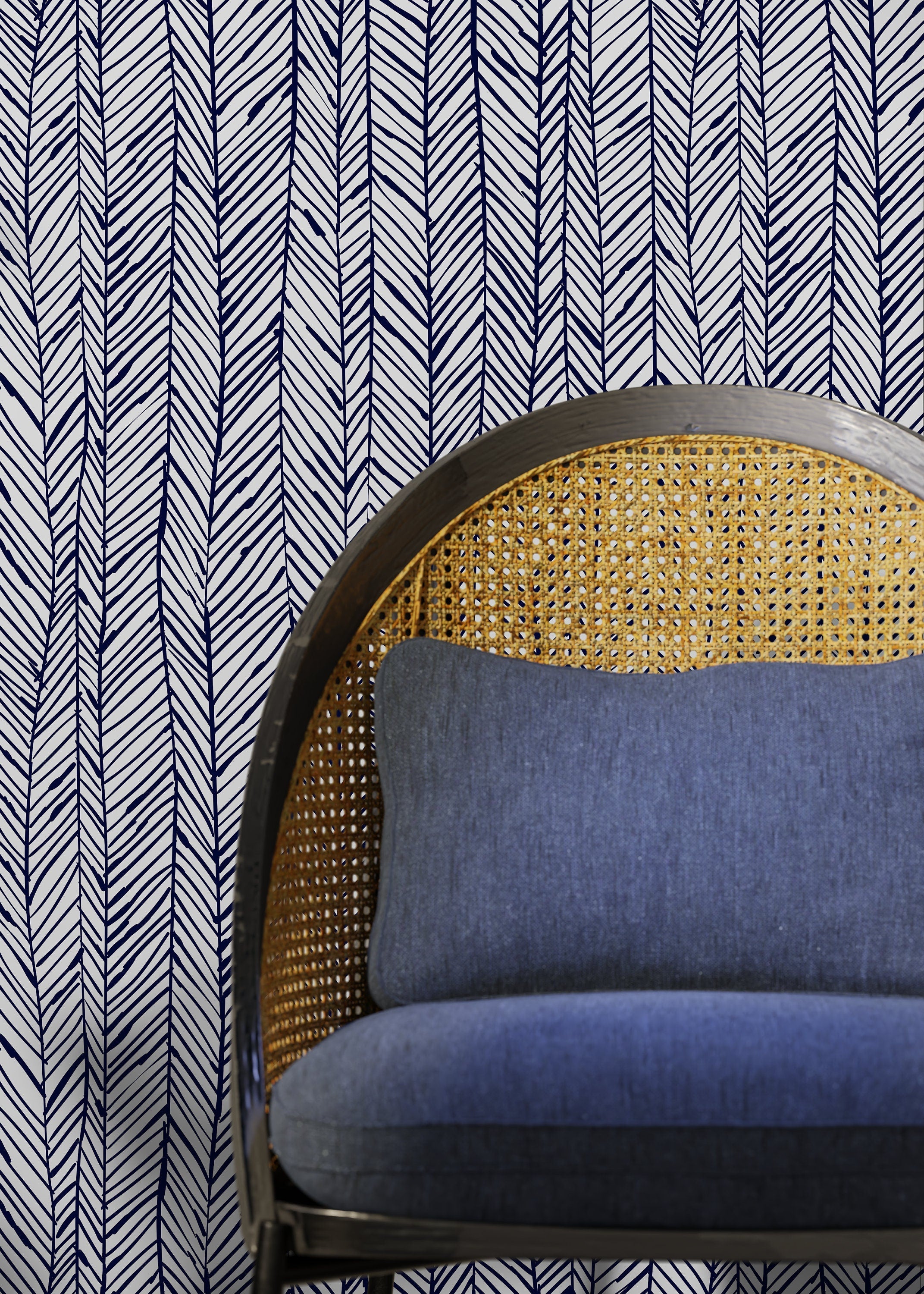 Herringbone Wallpaper With A Hand-drawn Sketch Motif In Navy Blue - A427