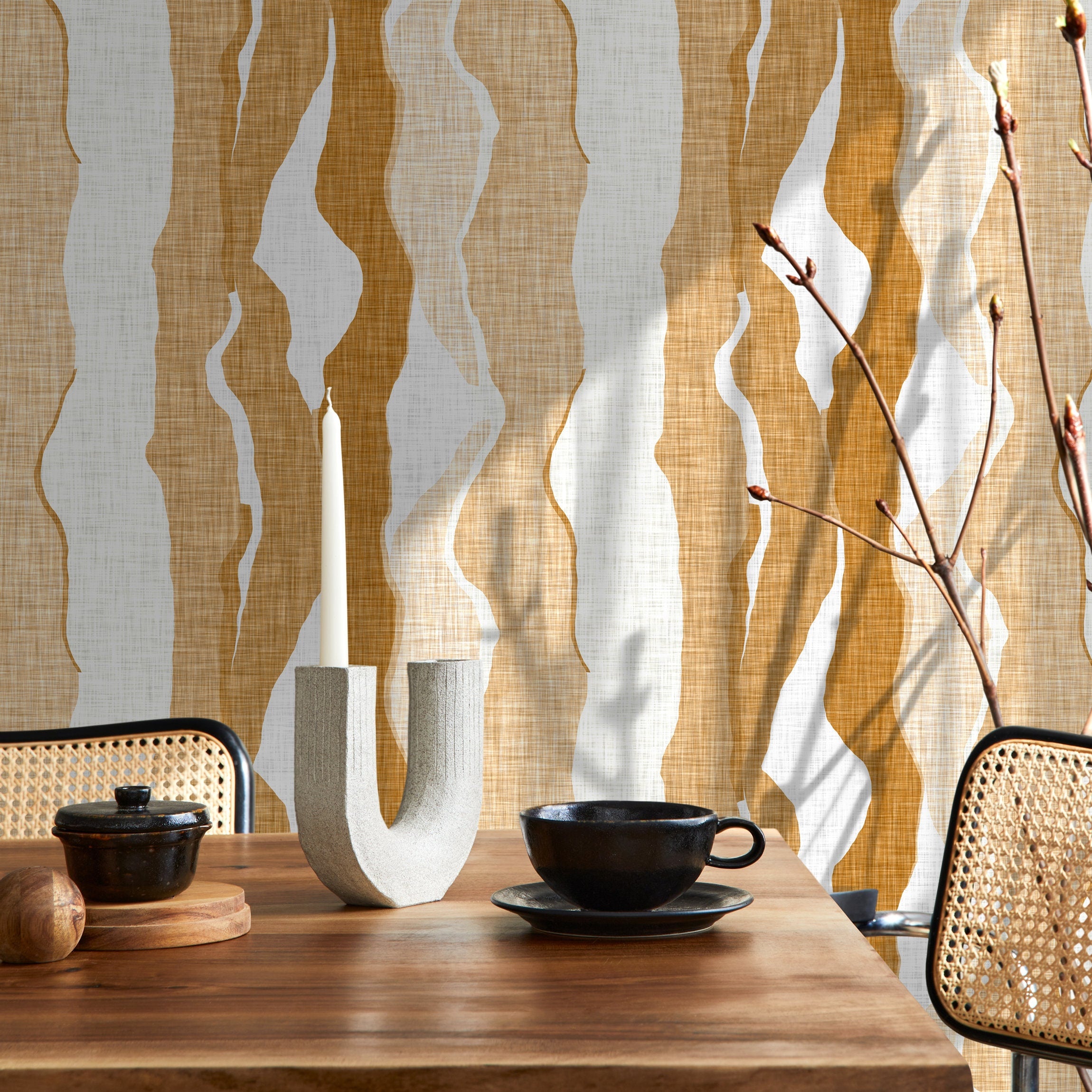 Abstract Wallpaper With Flowing Vertical Waves In Yellow And Ochre - D836