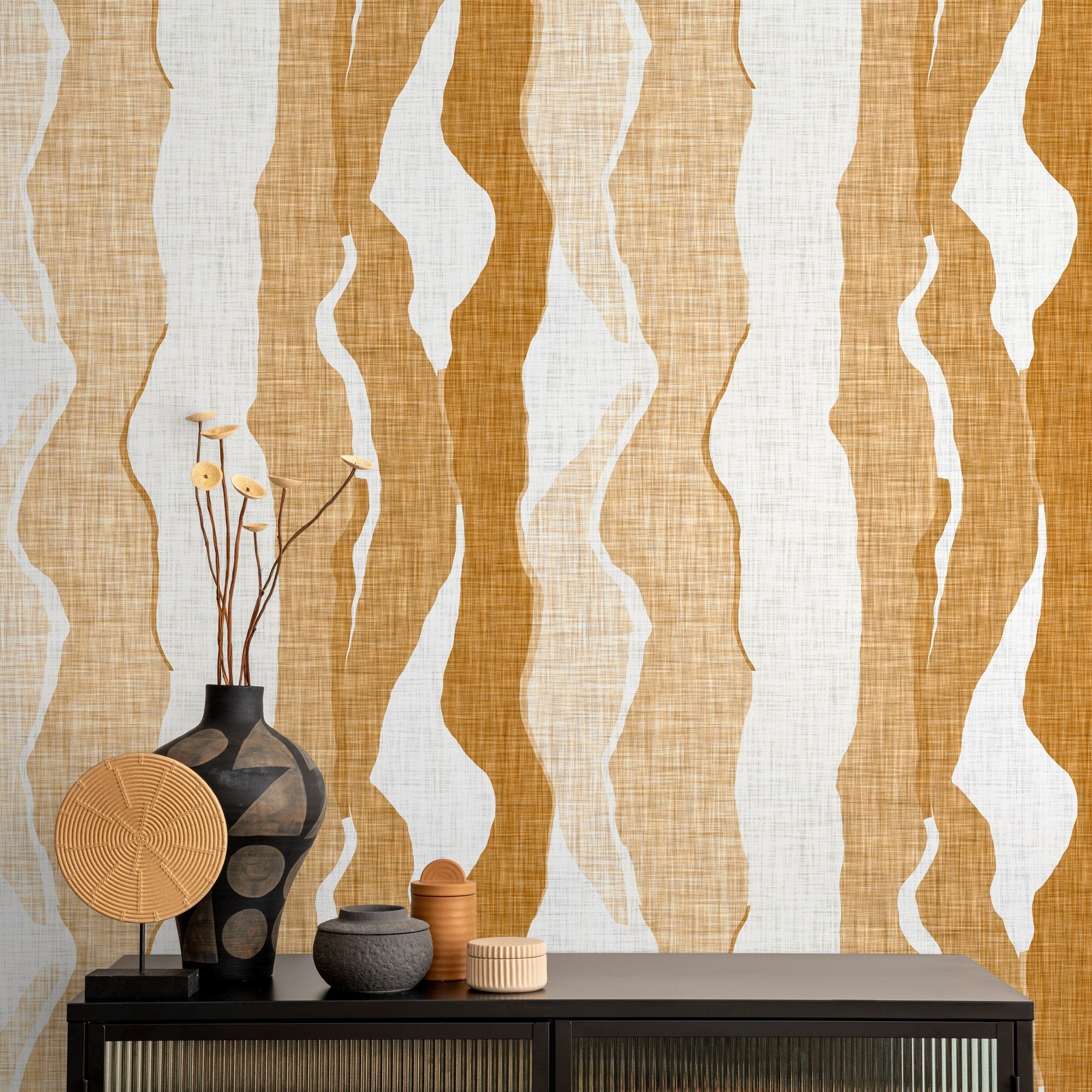 Abstract Wallpaper With Flowing Vertical Waves In Yellow And Ochre - D836
