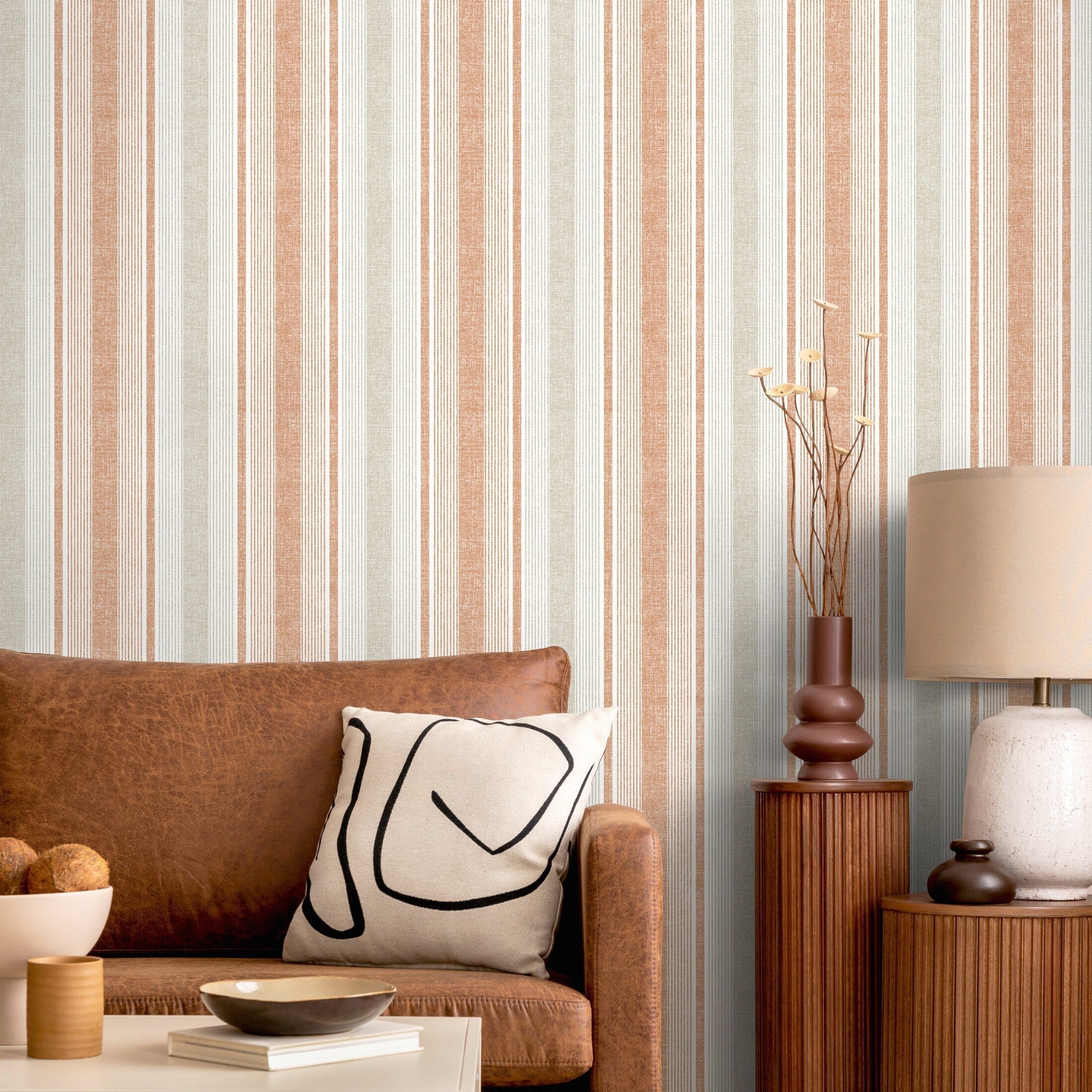 Striped Wallpaper With A Textured Motif In Orange, Grey, And Beige - D839