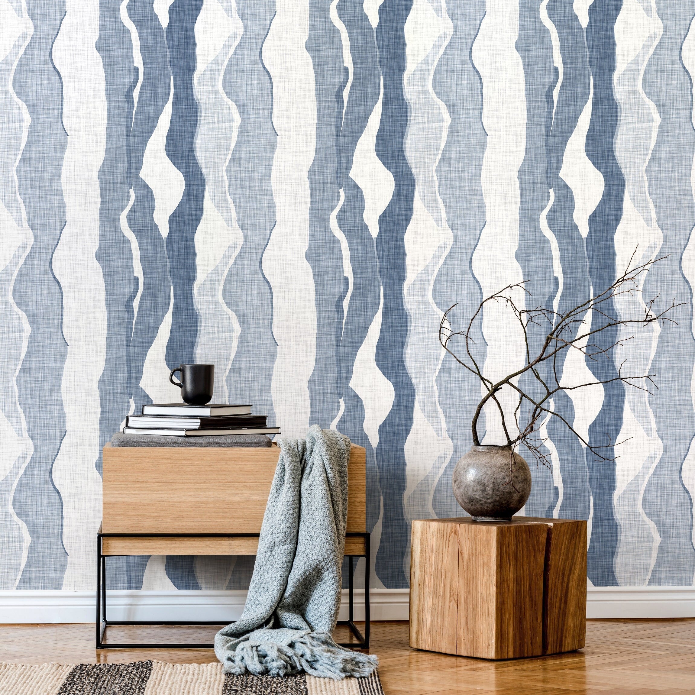 Abstract Wallpaper With Flowing Wave Stripes In Blue And White - D837