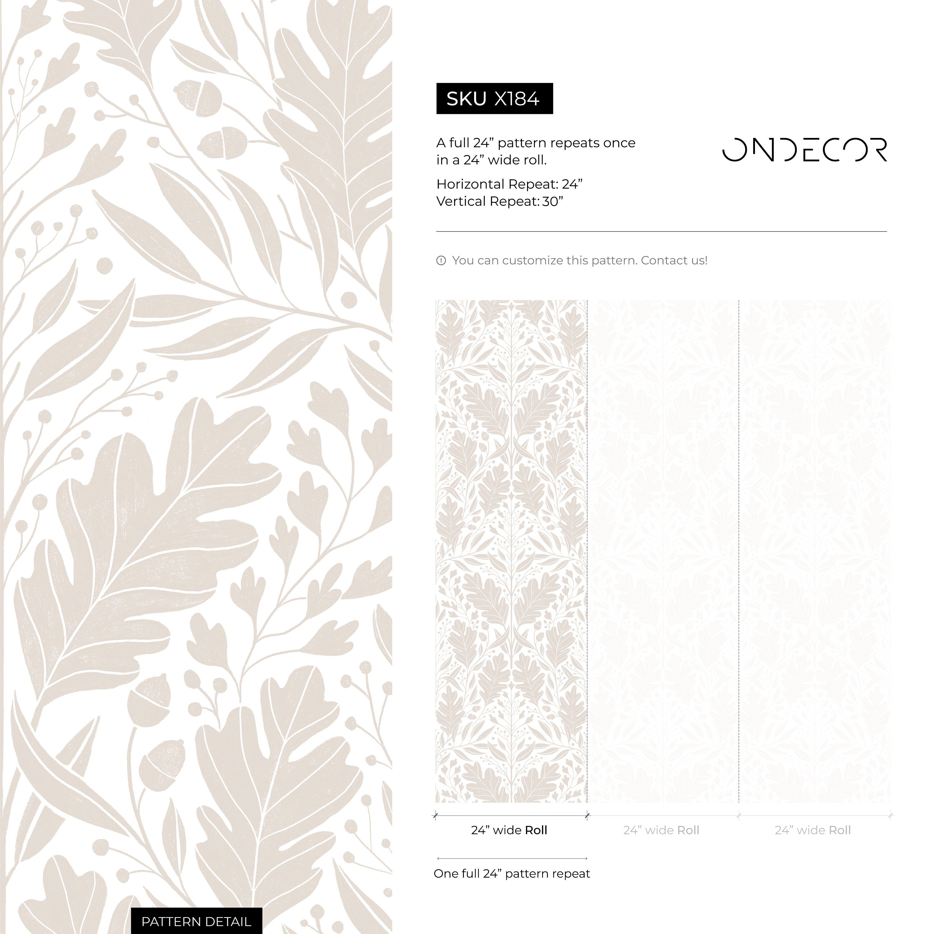 Botanical Wallpaper With A Symmetrical Oak Leaf Motif In Beige And White - X184