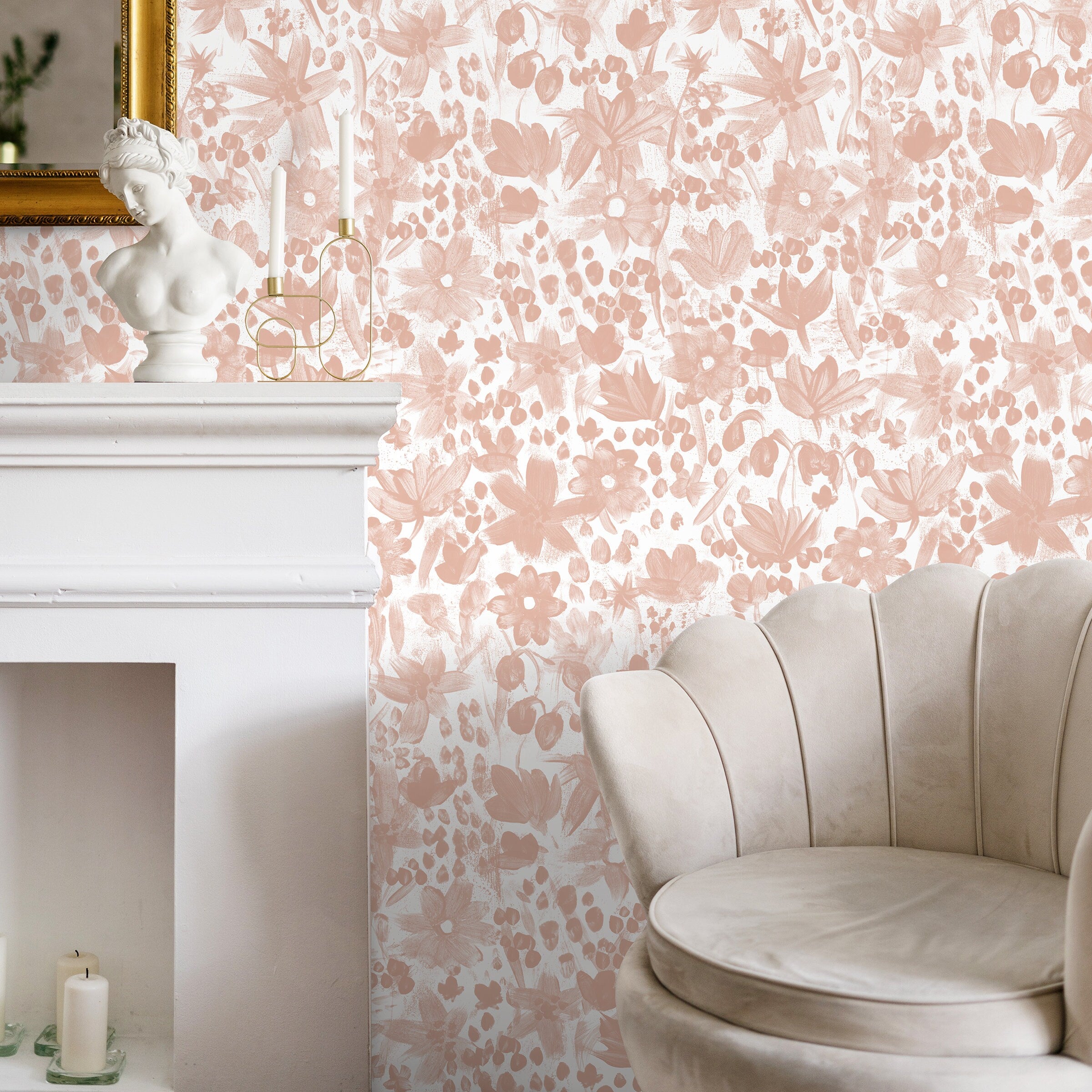Floral Wallpaper With A Painterly Brushstroke Print In Pink - X195
