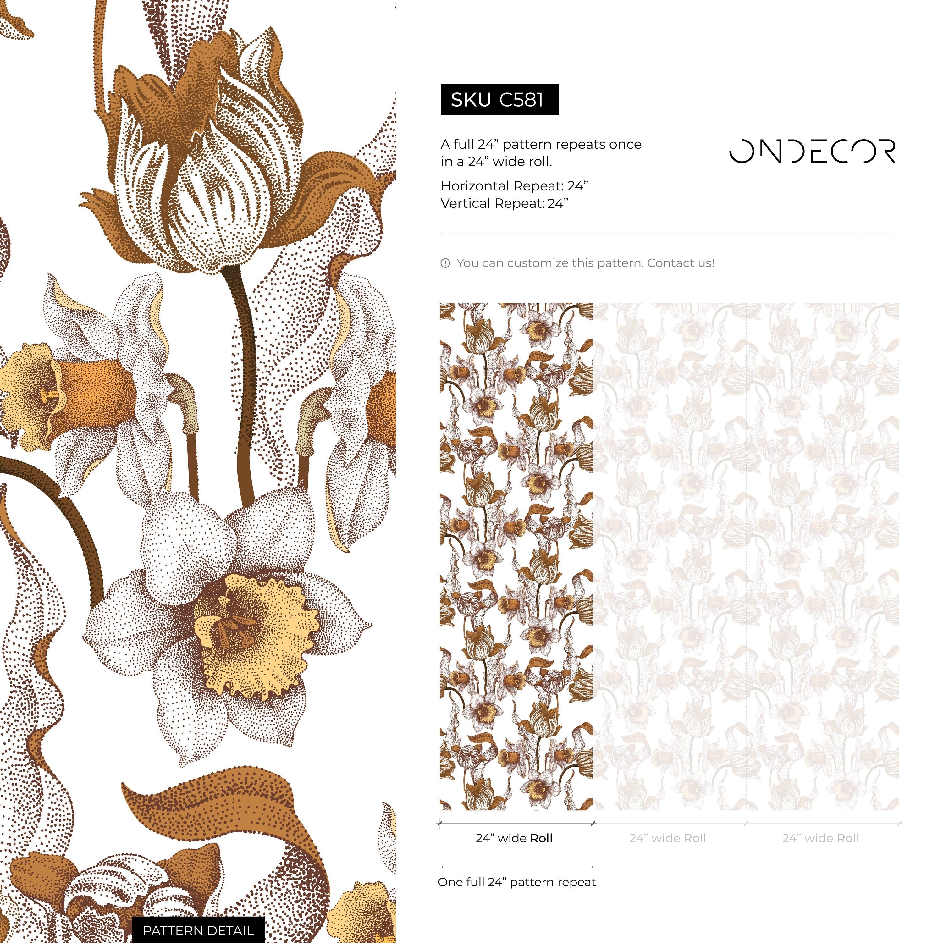 Floral Wallpaper With Pointillism Daffodils In Brown, Yellow, And Beige - C581