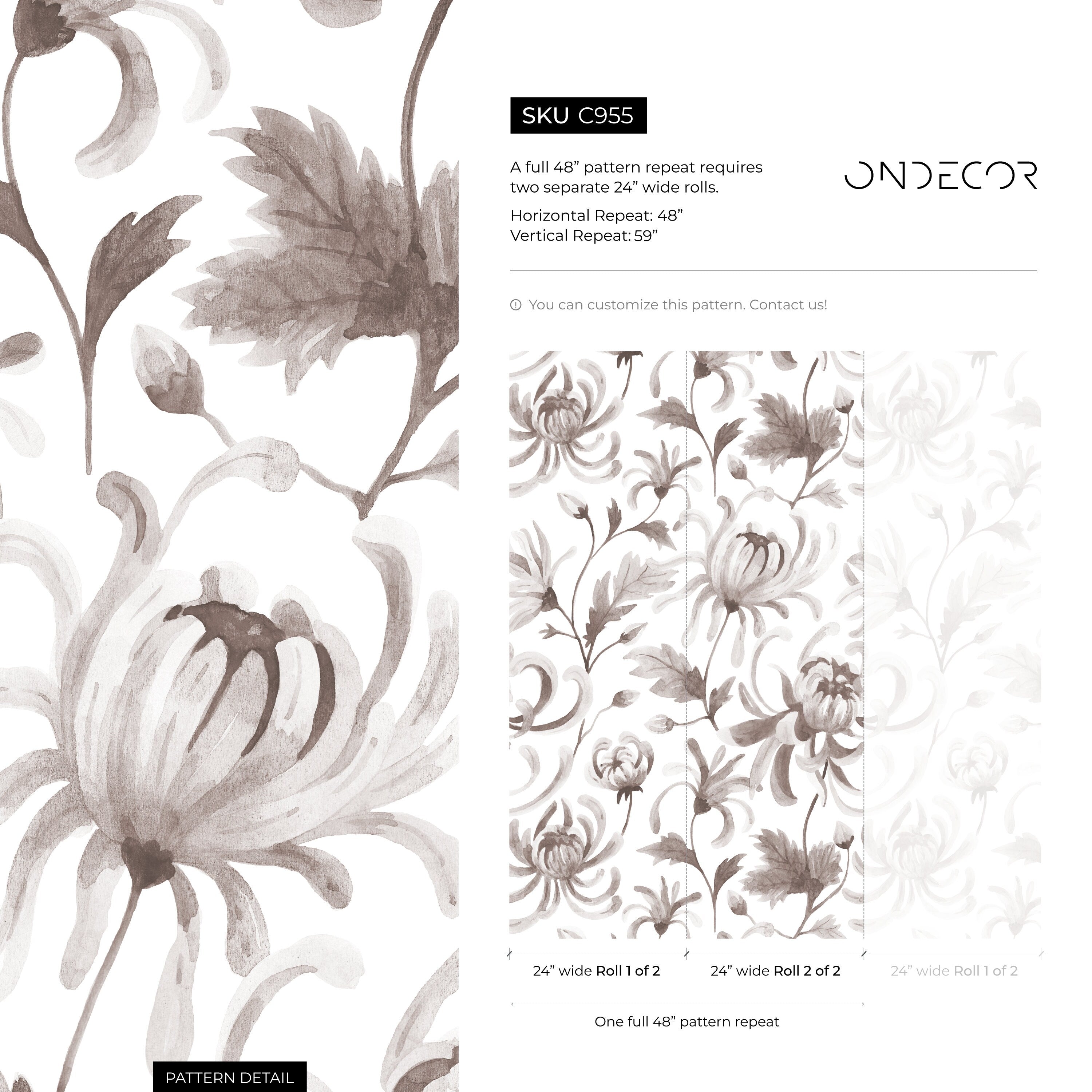 Vintage Floral Wallpaper With Chrysanthemums In Gray And Taupe - C955