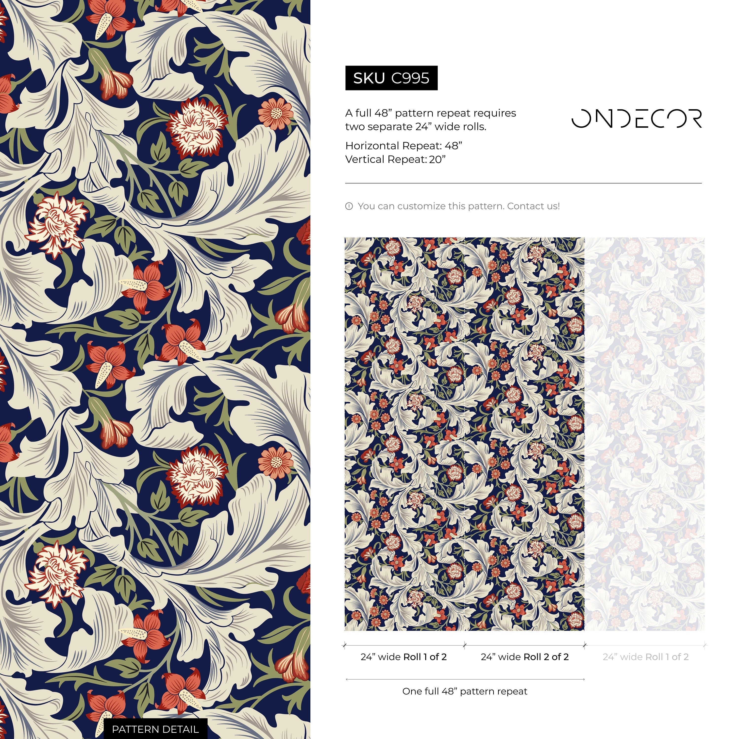Arts And Crafts Wallpaper Featuring Florals In Blue, Red, And Cream - C995