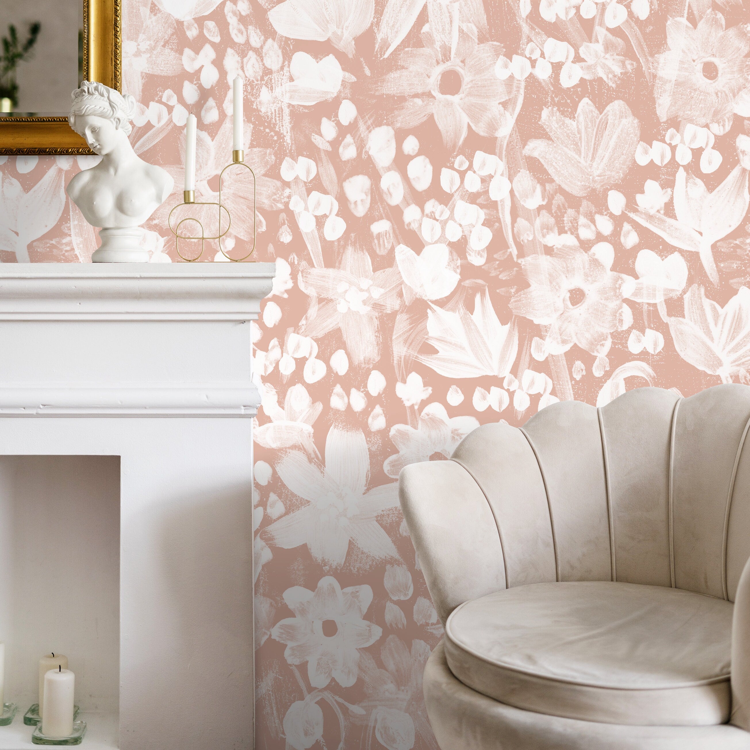 Floral Wallpaper With A Painterly Brushstroke Motif In Pink And Cream - X190