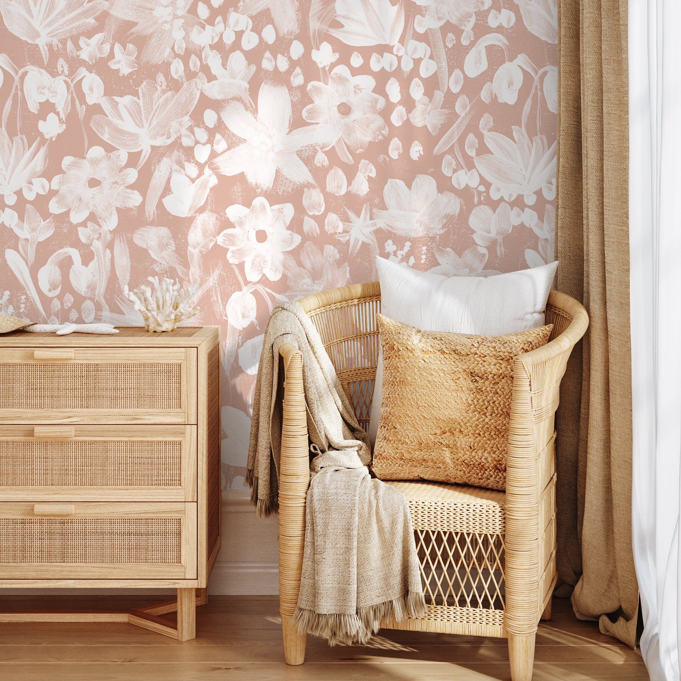 Floral Wallpaper With A Painterly Brushstroke Motif In Pink And Cream - X190
