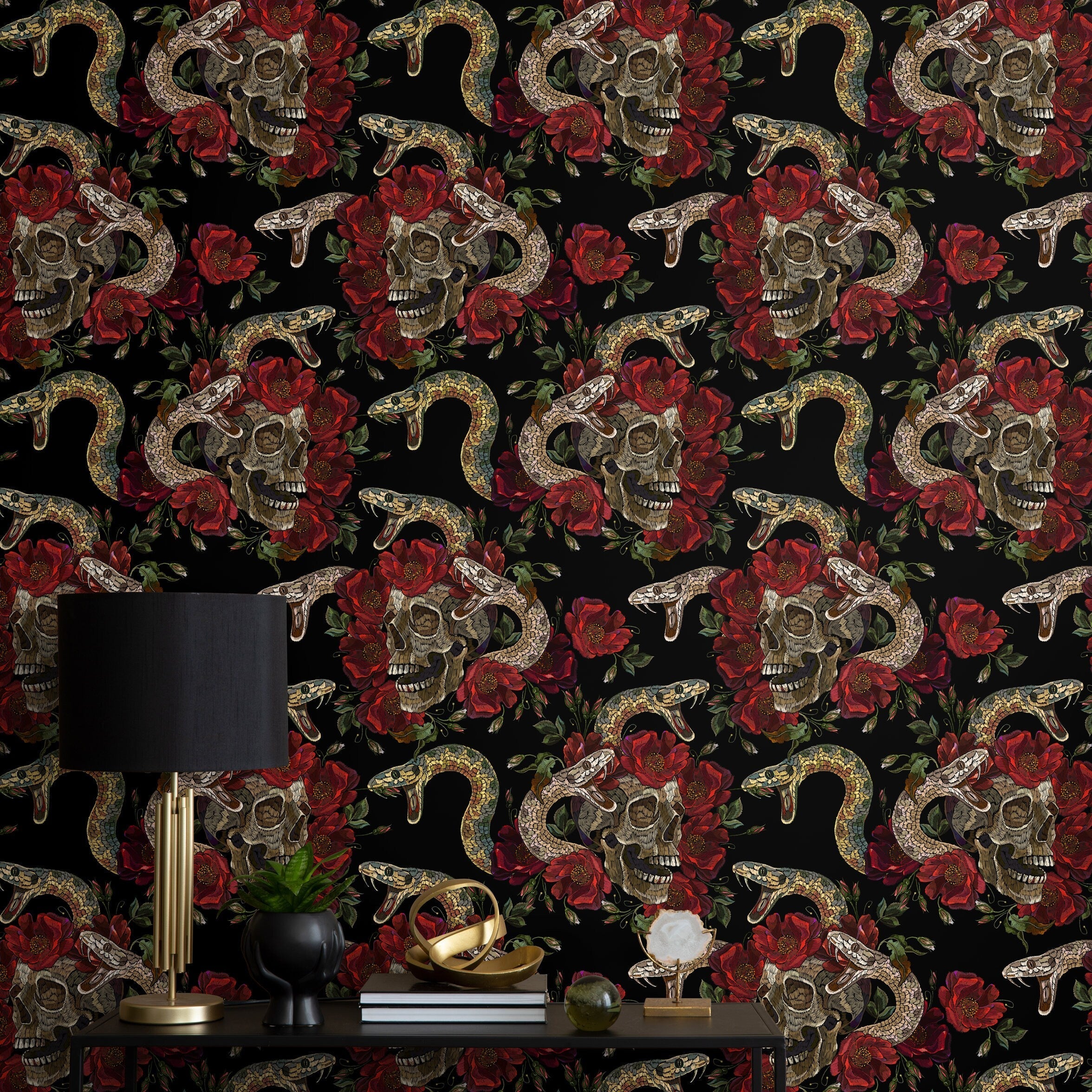 Gothic Wallpaper With An Embroidered Skull And Snake Motif In Black, Red, And Brown - D899