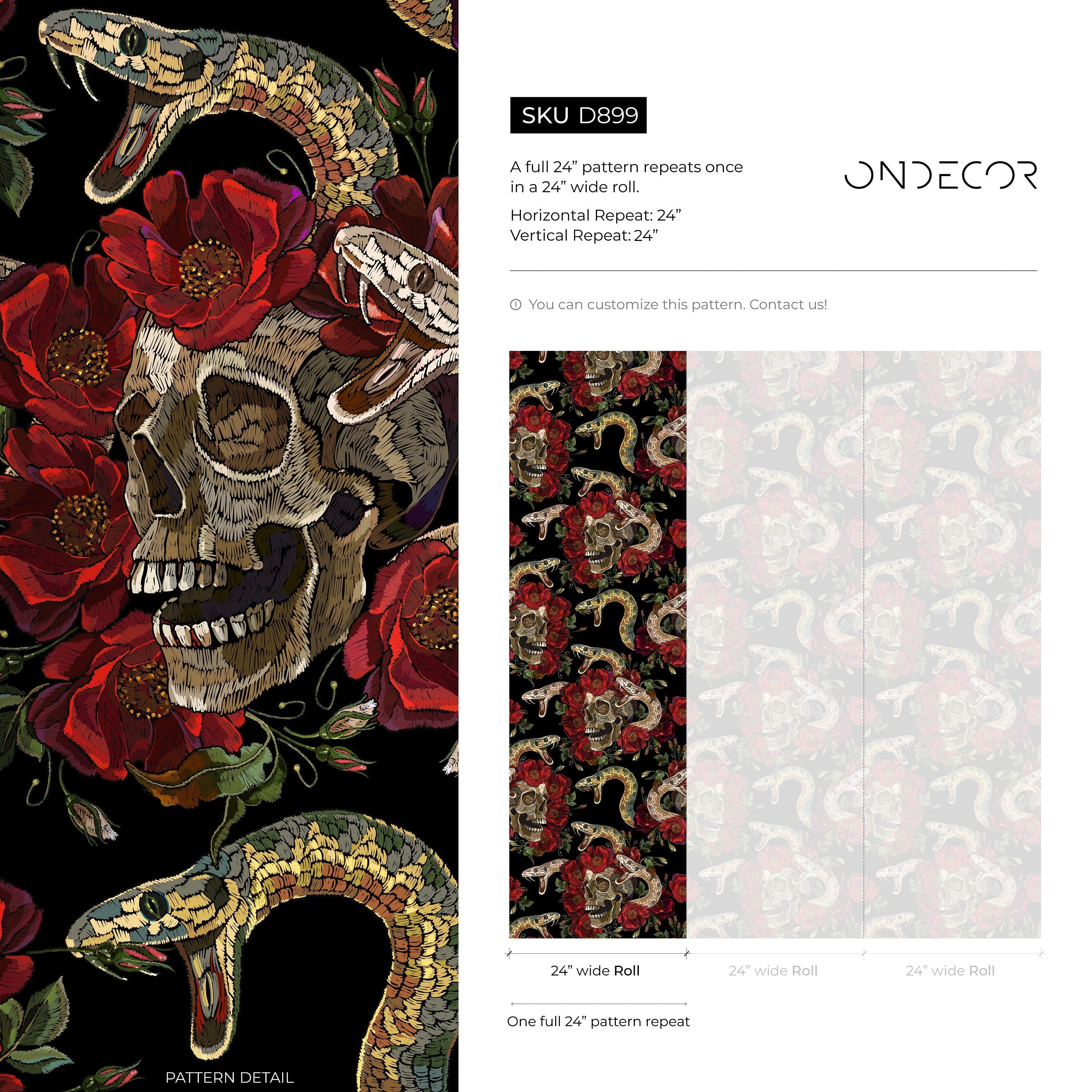 Gothic Wallpaper With An Embroidered Skull And Snake Motif In Black, Red, And Brown - D899