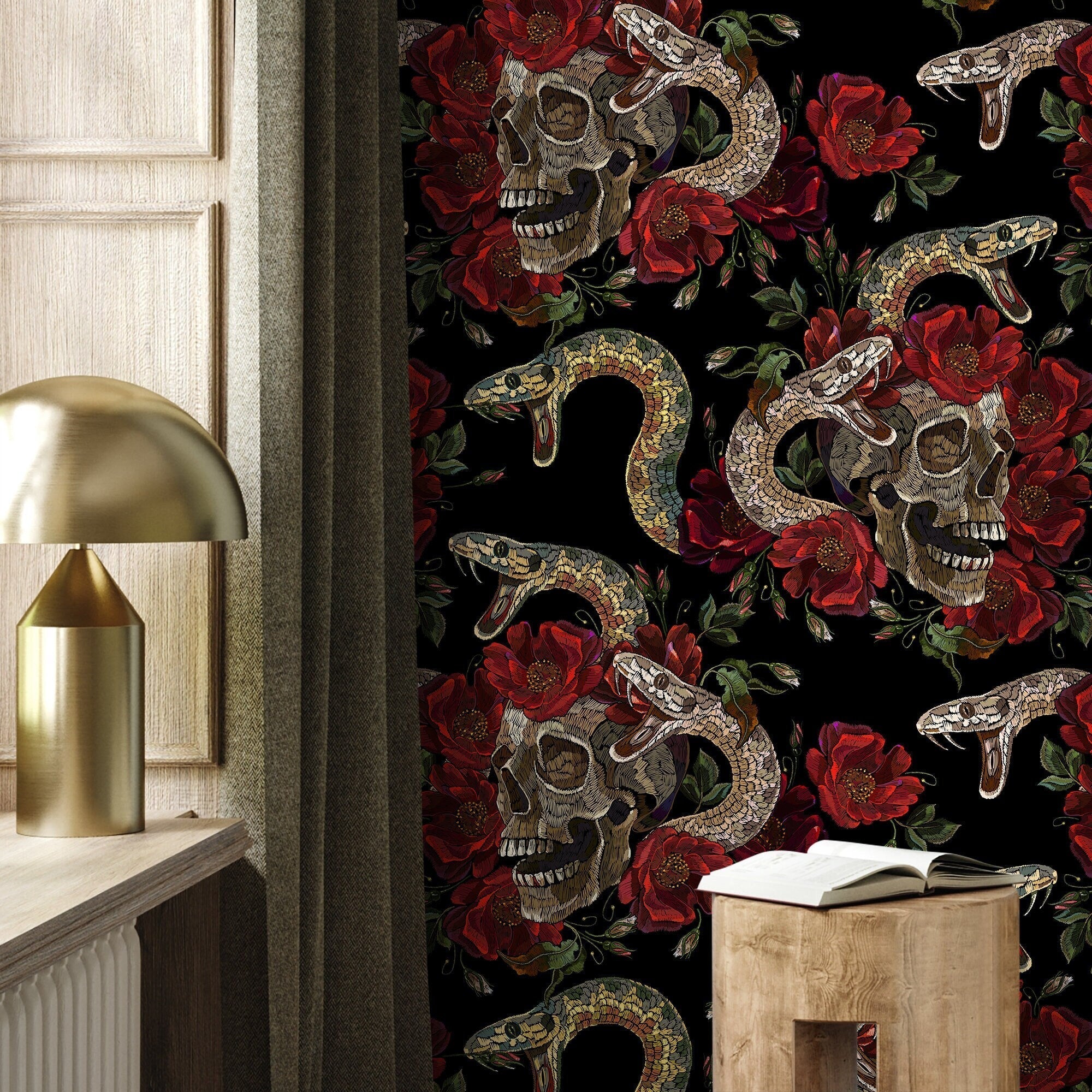 Gothic Wallpaper With An Embroidered Skull And Snake Motif In Black, Red, And Brown - D899
