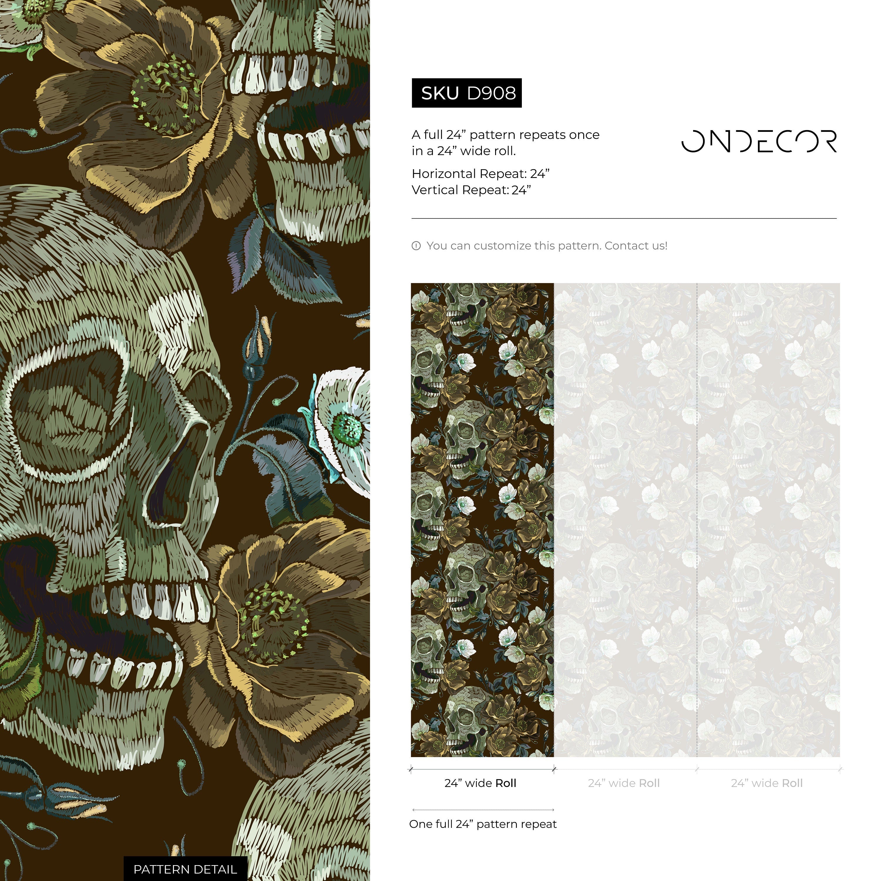 Gothic Wallpaper With Embroidered Skulls And Roses In Green And Brown - D908