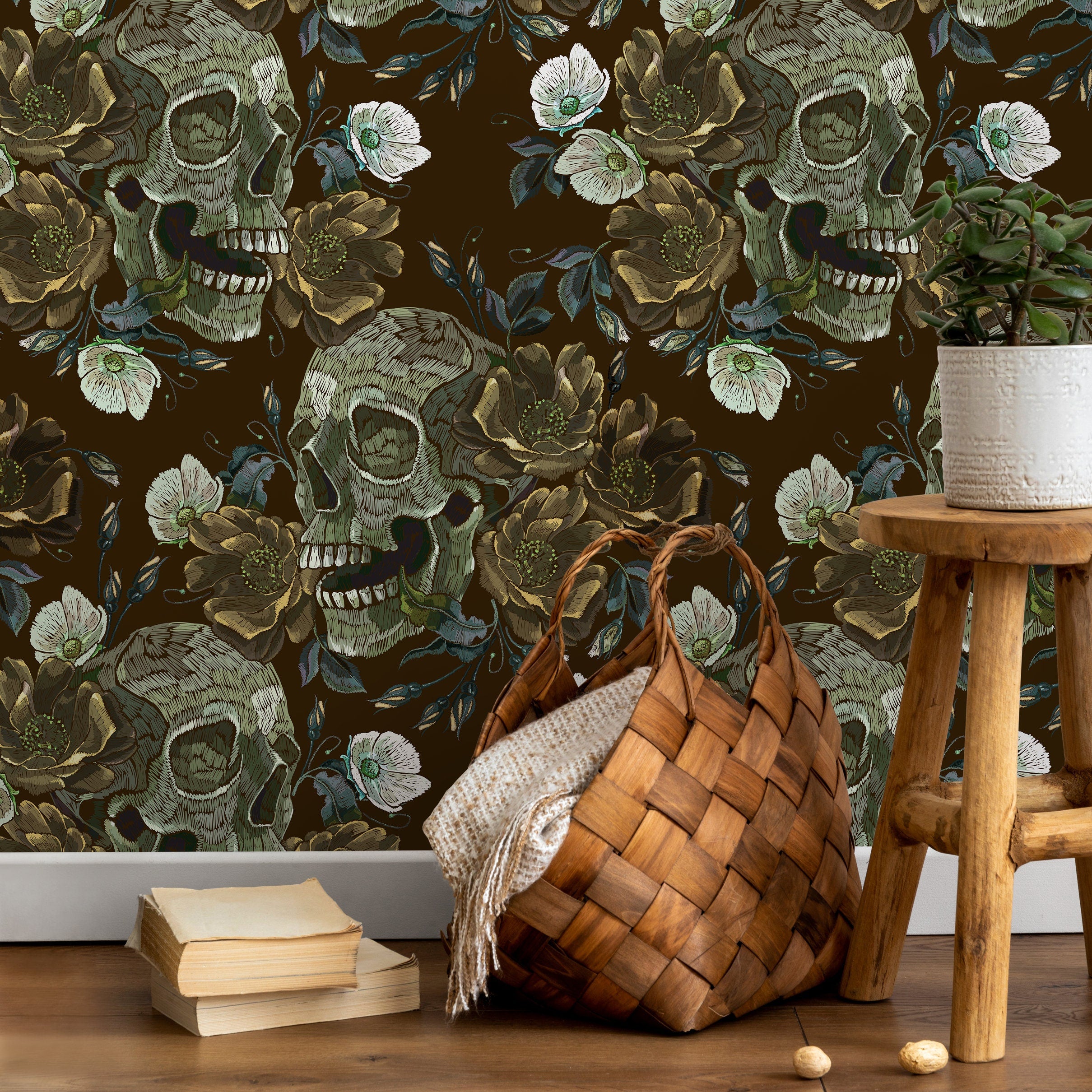 Gothic Wallpaper With Embroidered Skulls And Roses In Green And Brown - D908