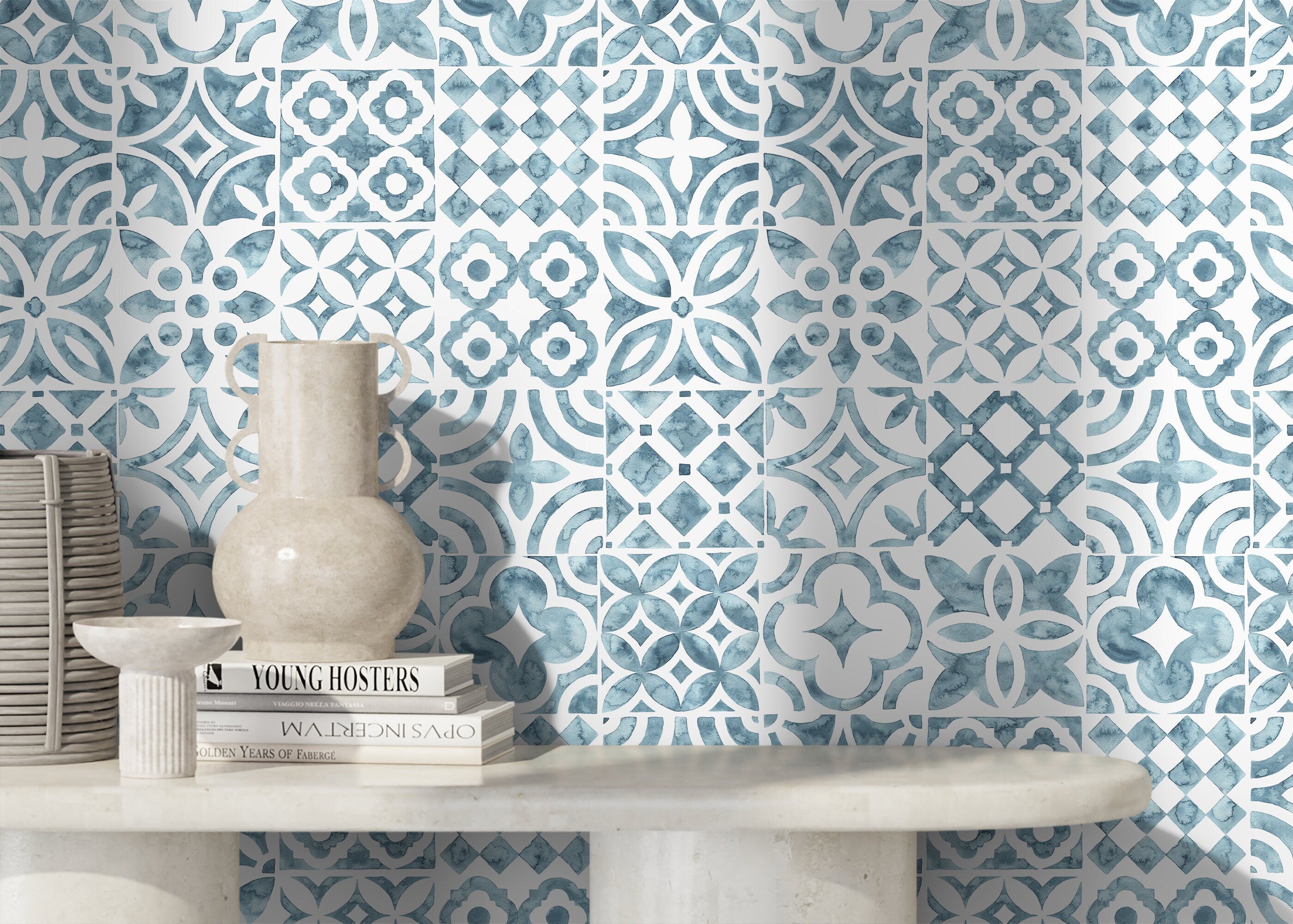 Tile Wallpaper With A Watercolor Patchwork Motif In Blue - D526