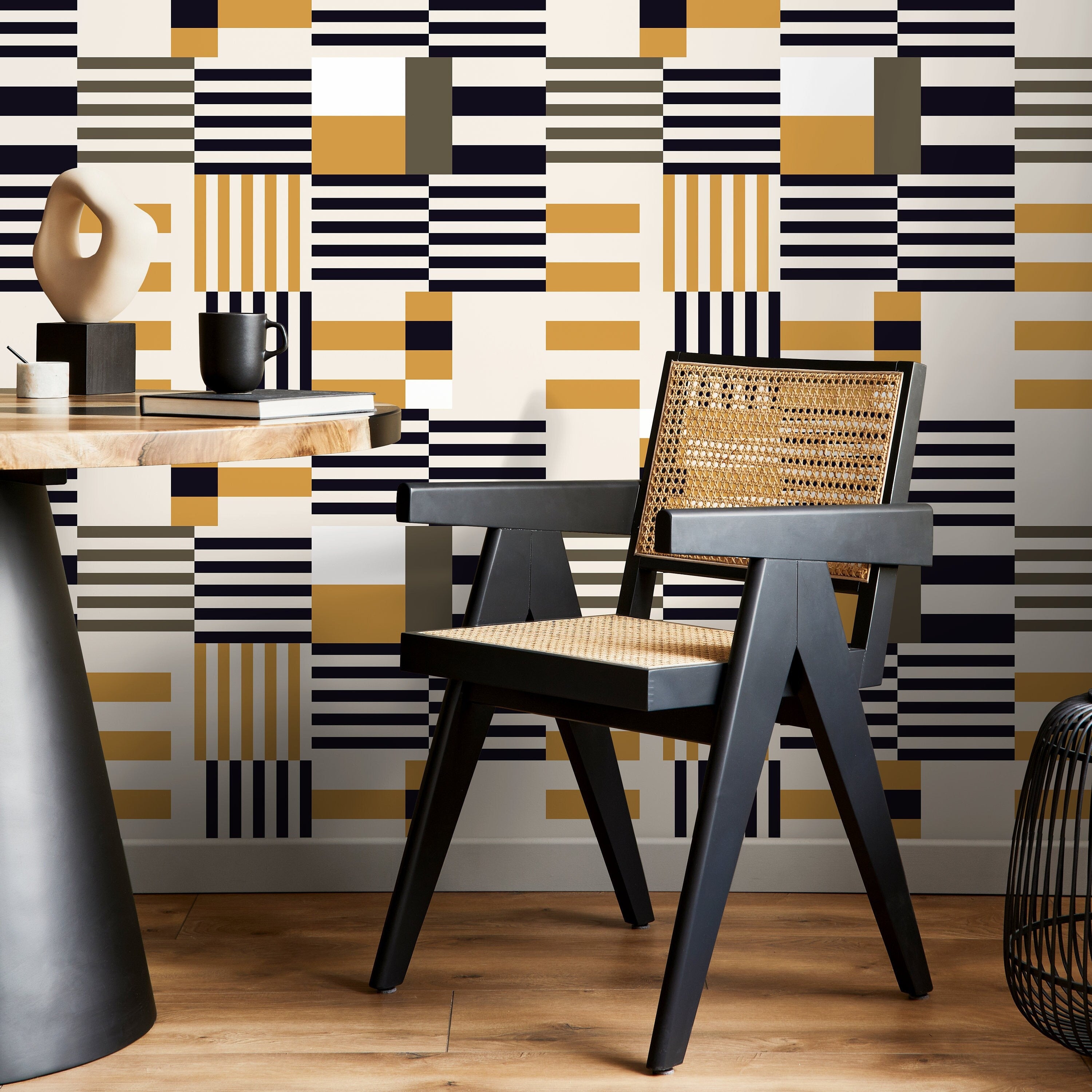Geometric Wallpaper With Modern Blocks And Stripes In Black And Yellow - D847