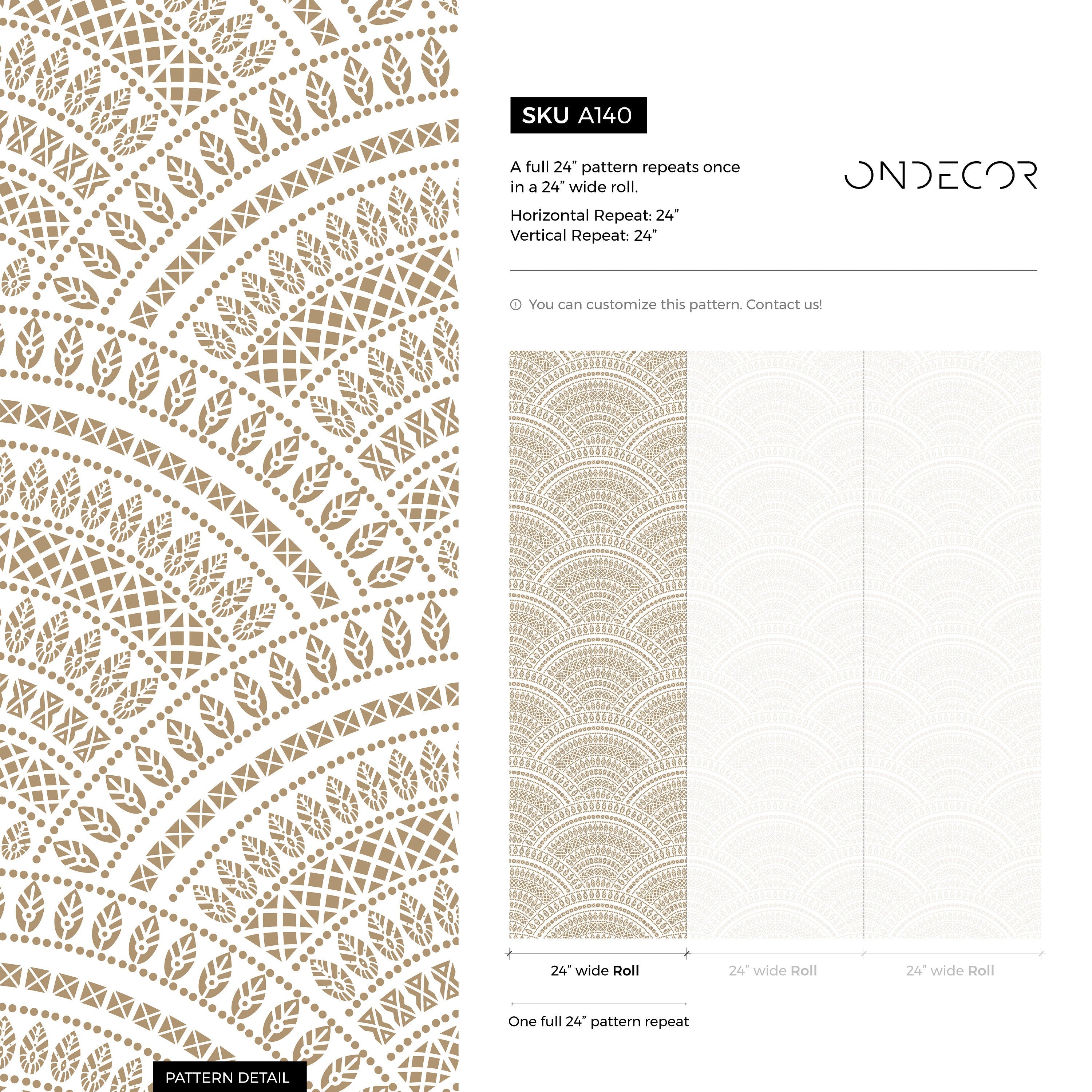 Art Deco Wallpaper With An Intricate Scalloped Fan Motif In Gold And Beige - A140