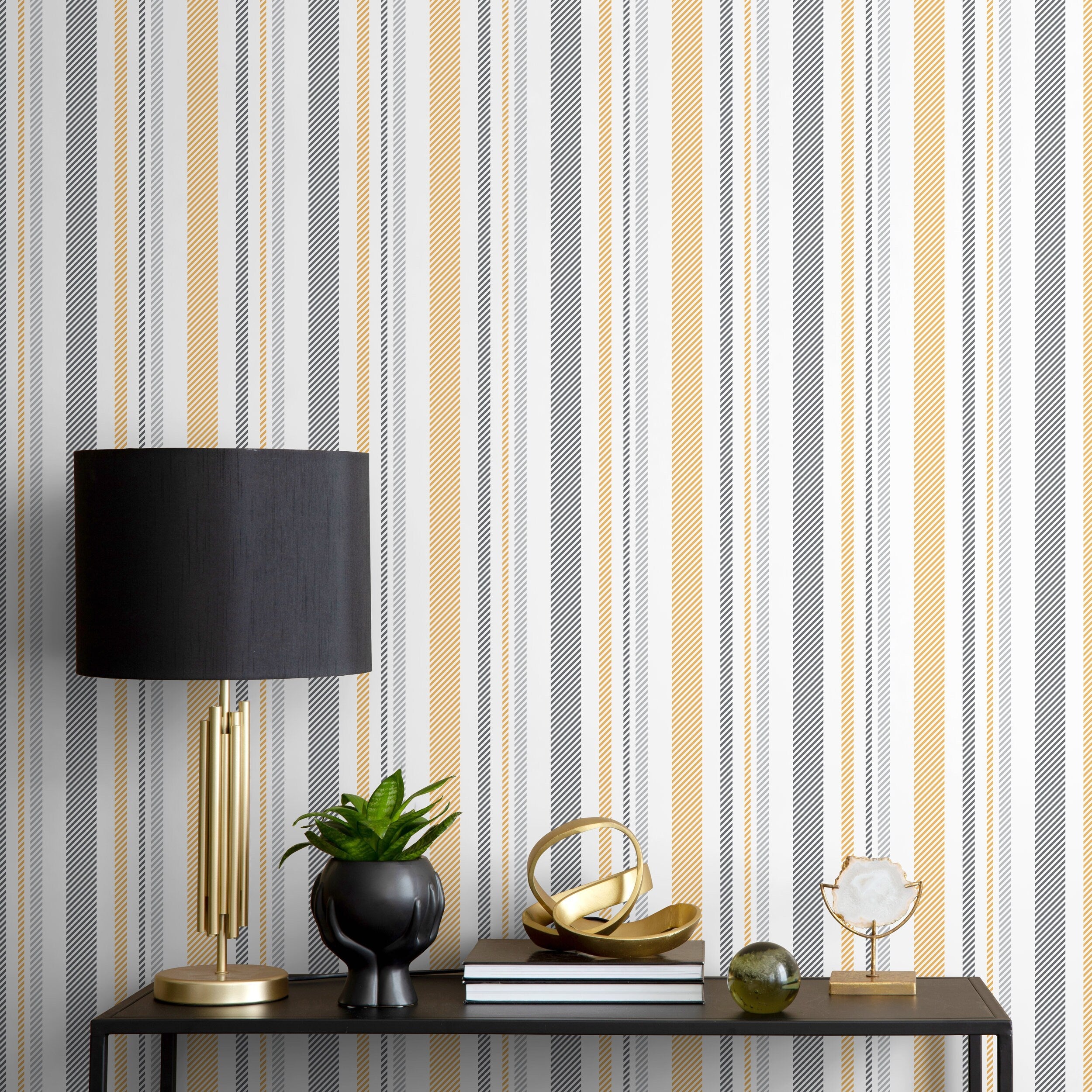 Striped Wallpaper Featuring Textured Stripes In Yellow And Grey - D843