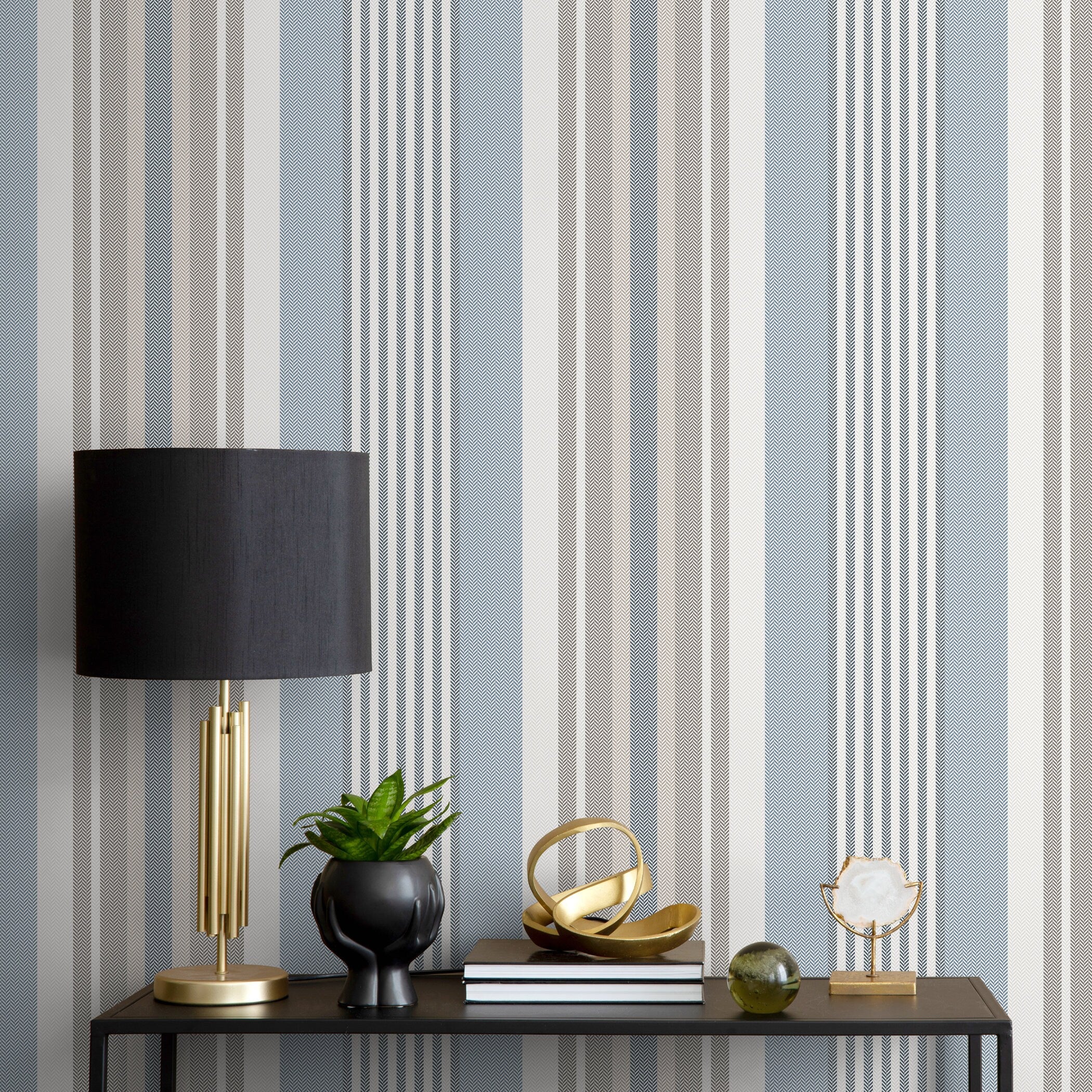 Geometric Wallpaper With Herringbone Textured Stripes In Blue And Beige - D850