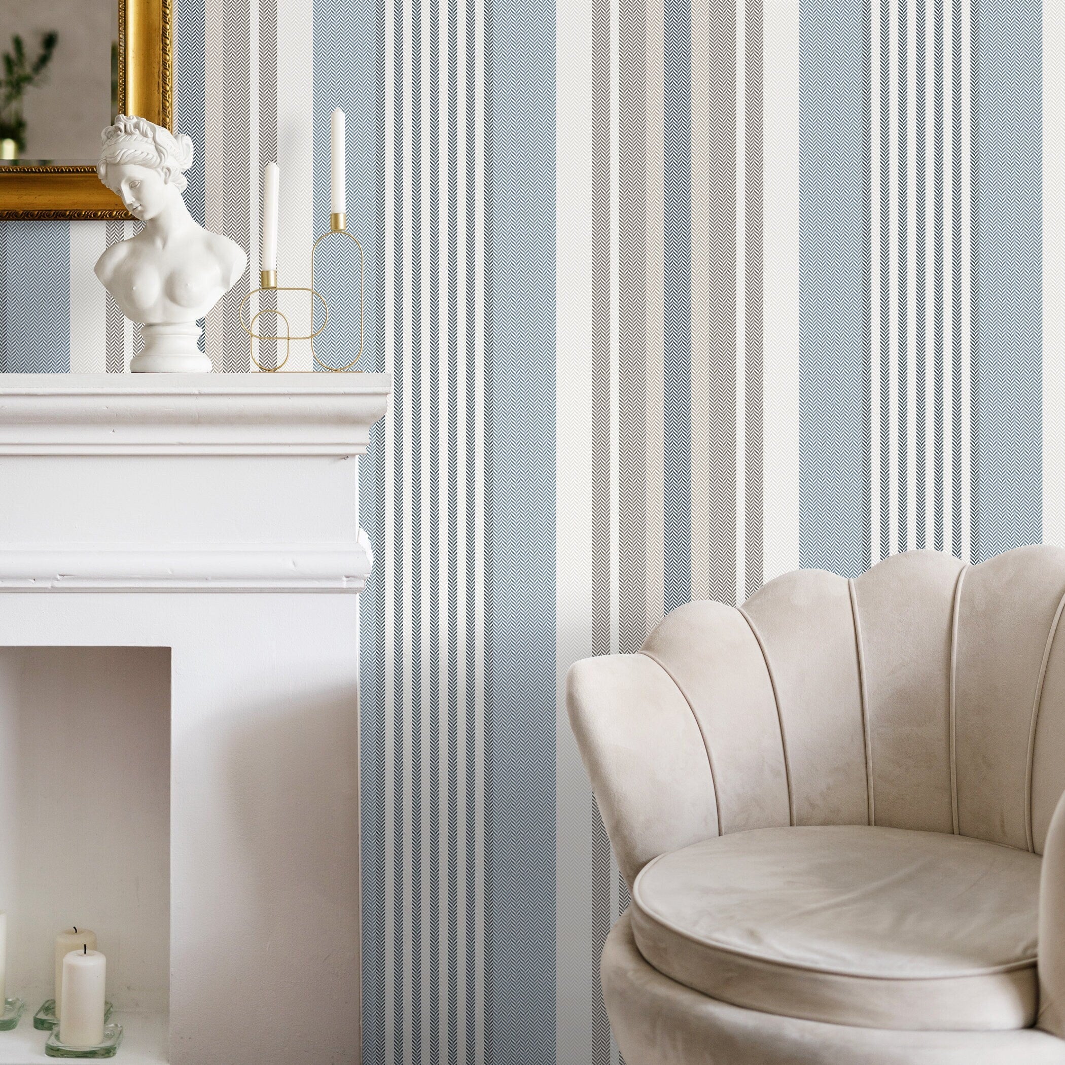 Geometric Wallpaper With Herringbone Textured Stripes In Blue And Beige - D850