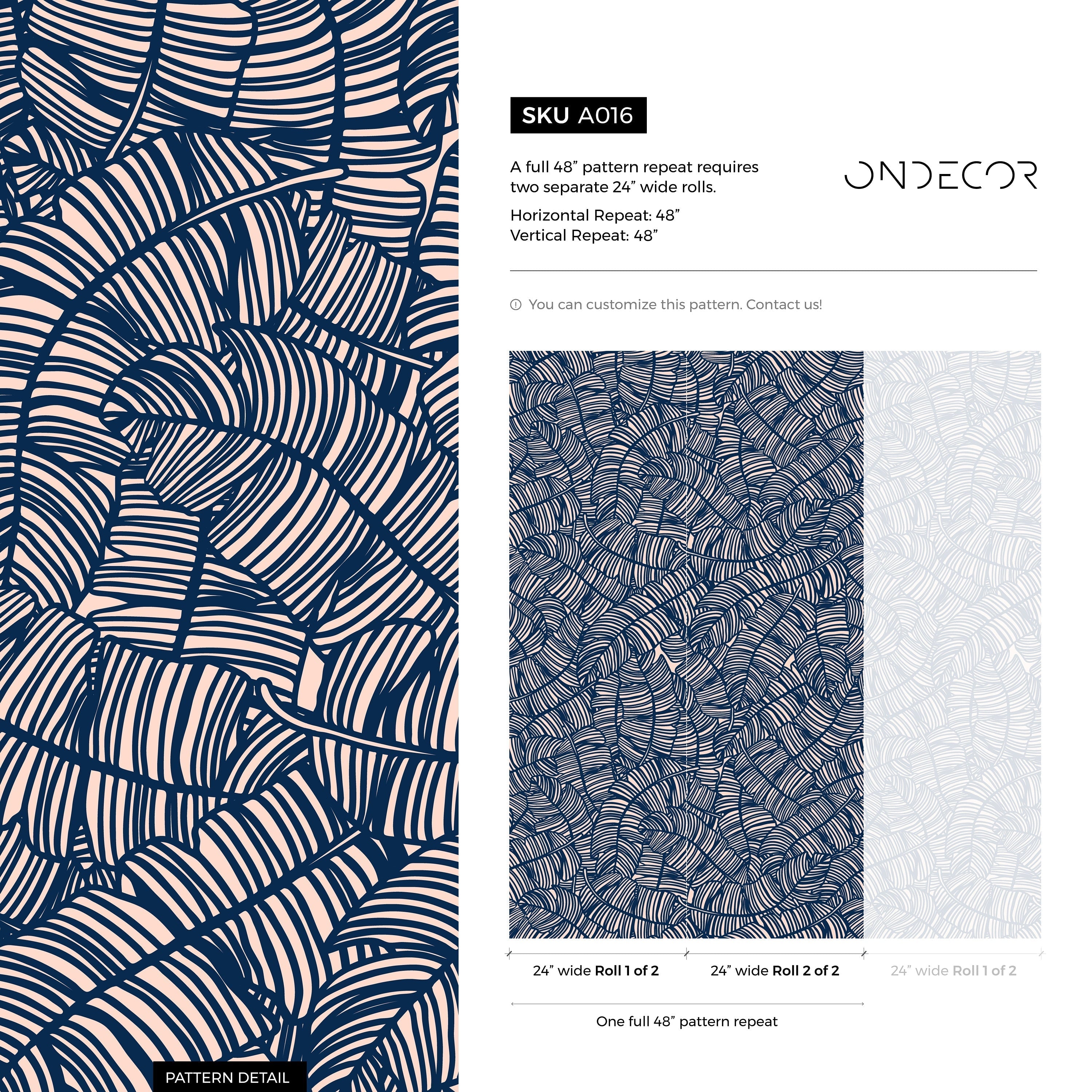 Abstract Wallpaper With A Bold Banana Leaf Motif In Navy Blue And Blush Pink - A016