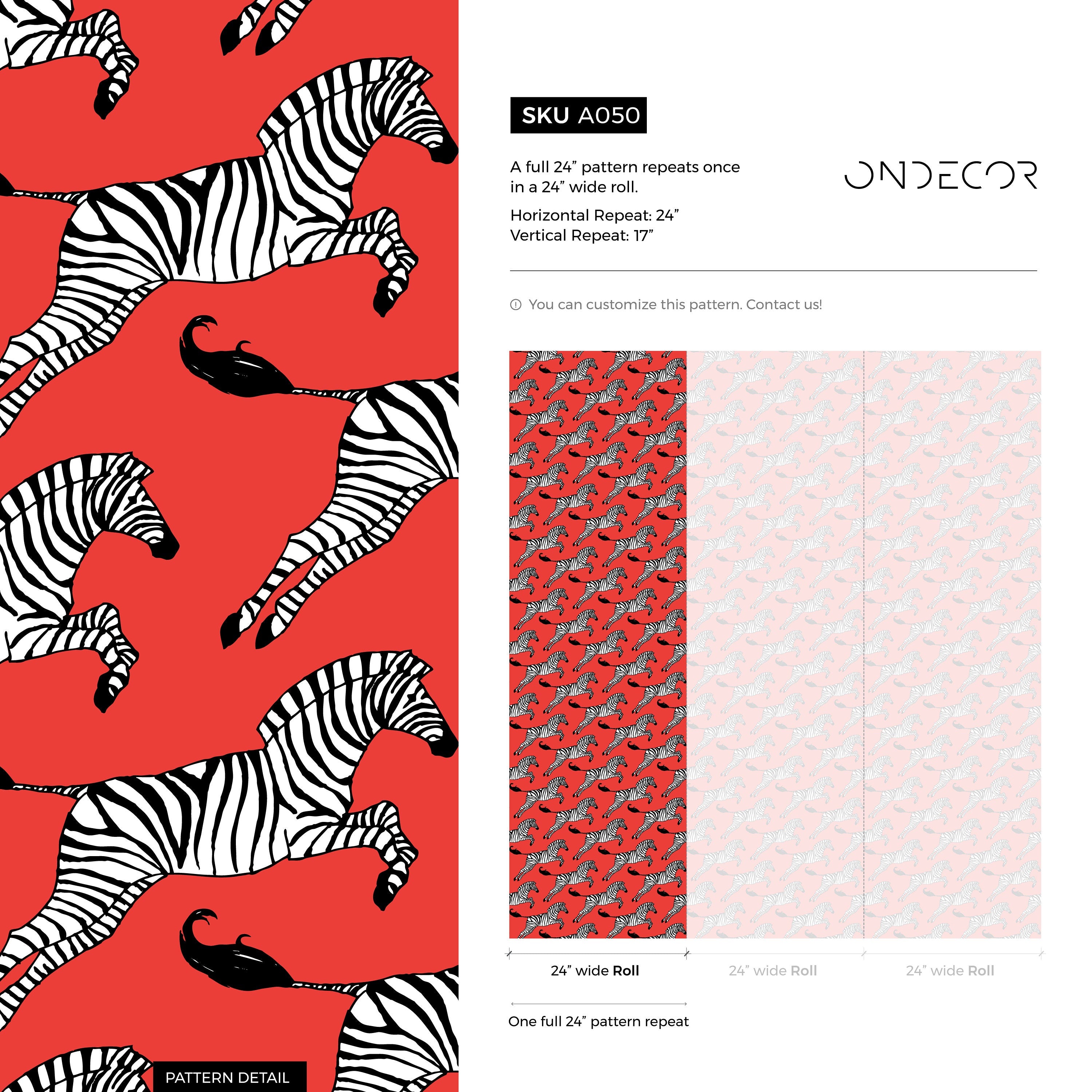 Animal Wallpaper With A Leaping Zebra Motif In Red, Black, And White - A050