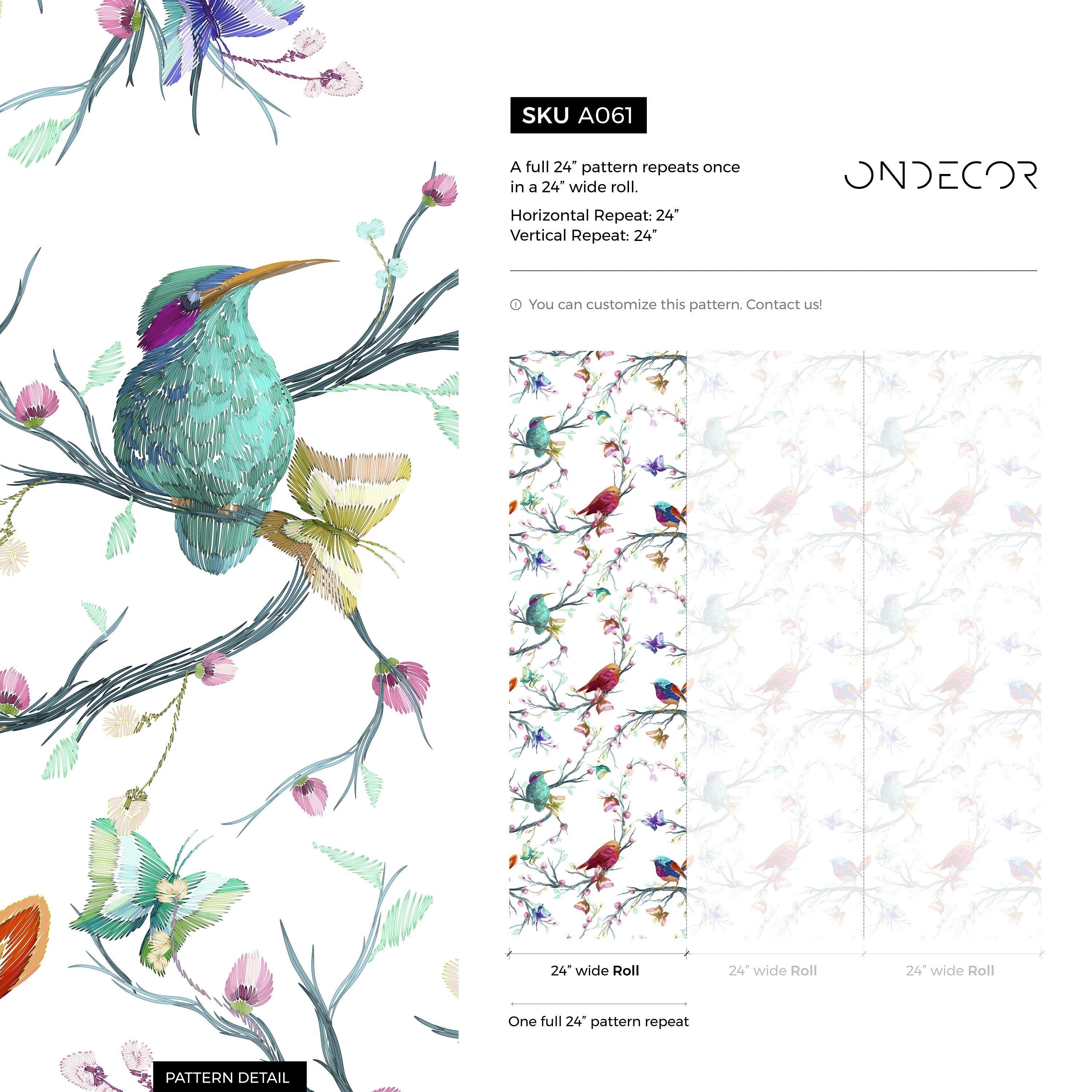 Animal Wallpaper With An Embroidered Bird Motif In Teal, Pink, And Purple - A061