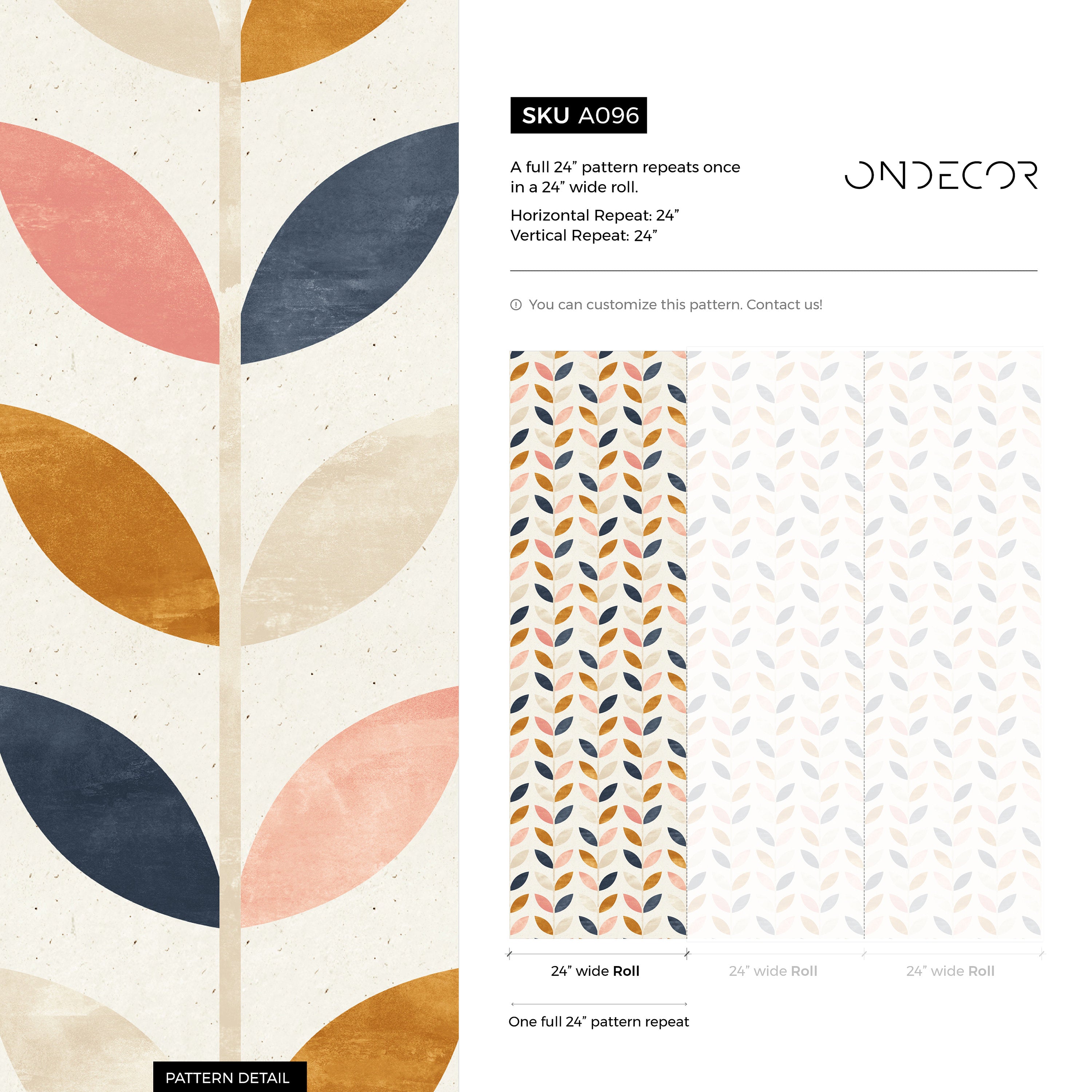 Scandinavian Wallpaper Featuring Stylized Leaves In Navy, Pink, And Ochre - A096
