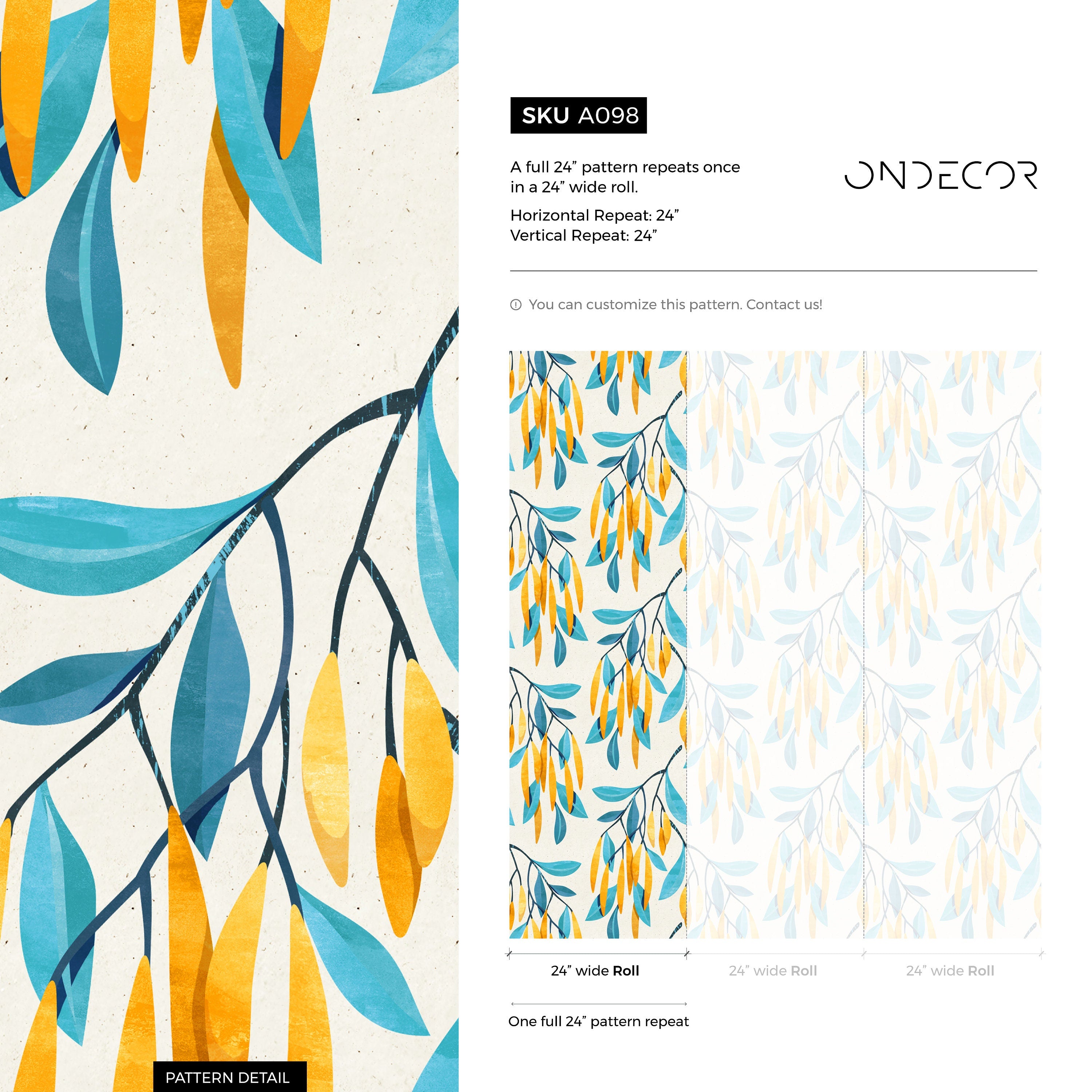 Botanical Wallpaper With Stylized Hanging Leaves In Teal, Yellow, And Blue - A098