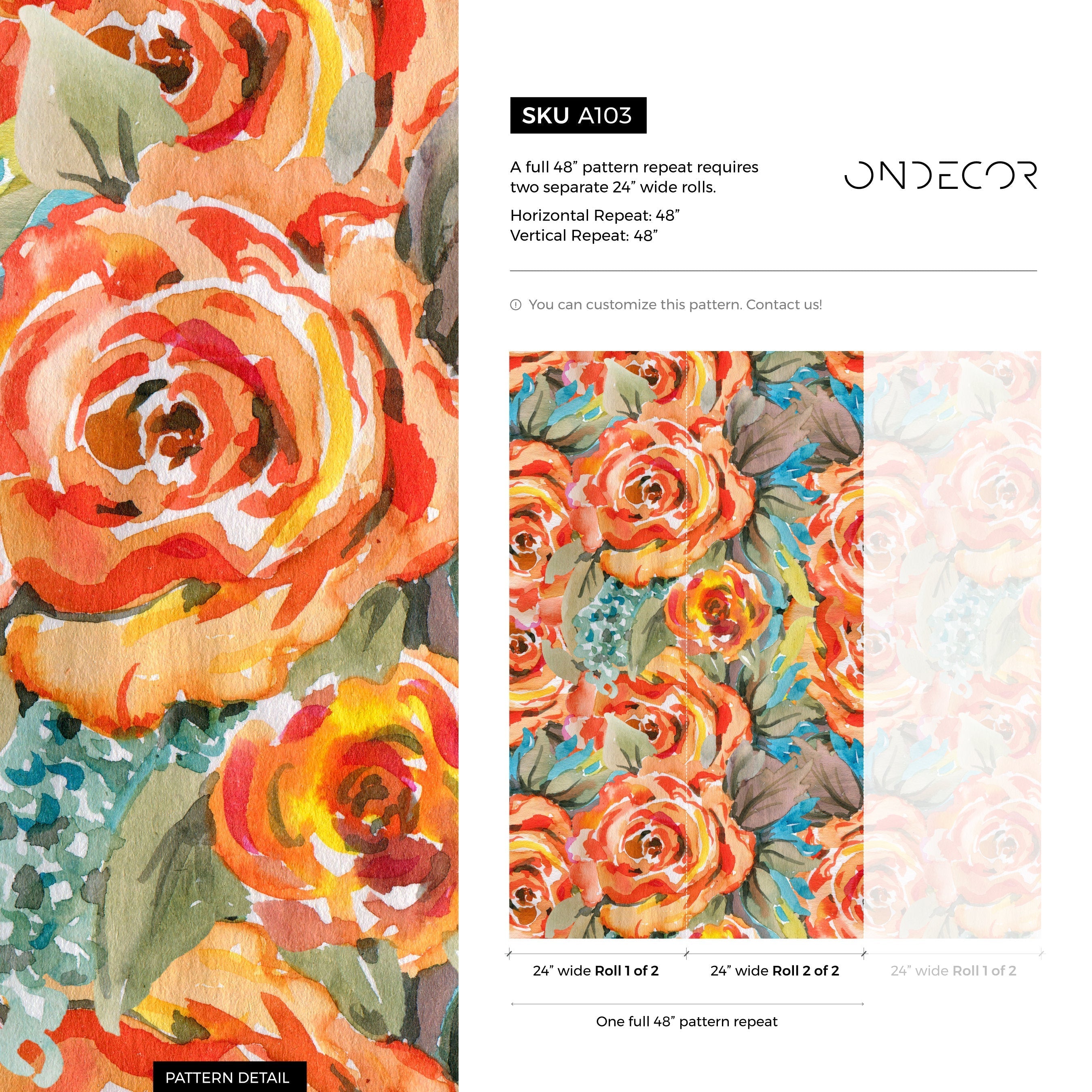 Floral Wallpaper Featuring Abstract Watercolor Roses In Orange, Yellow, And Blue - A103