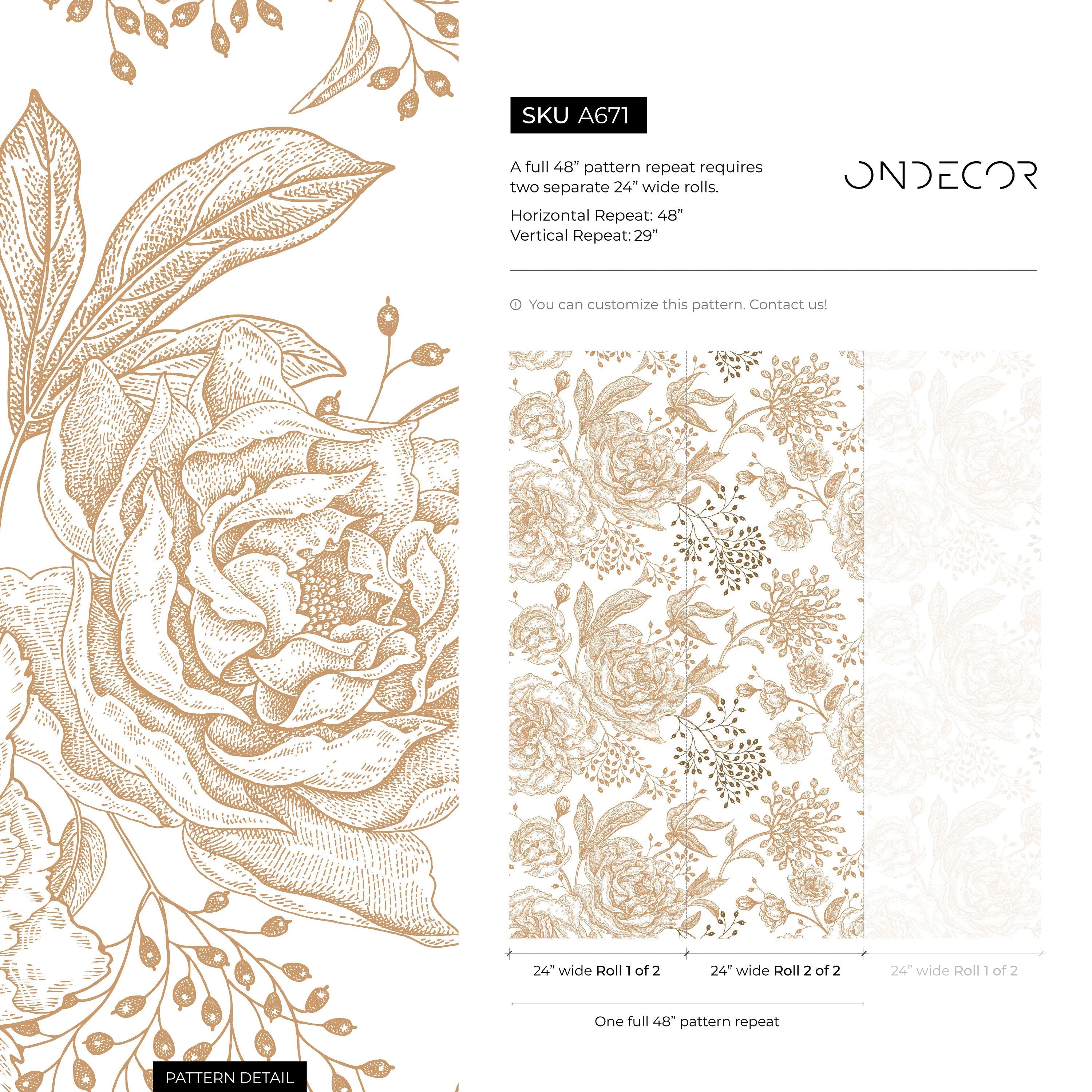 Floral Wallpaper With A Vintage Peony Sketch In Gold And Light Gray - A671