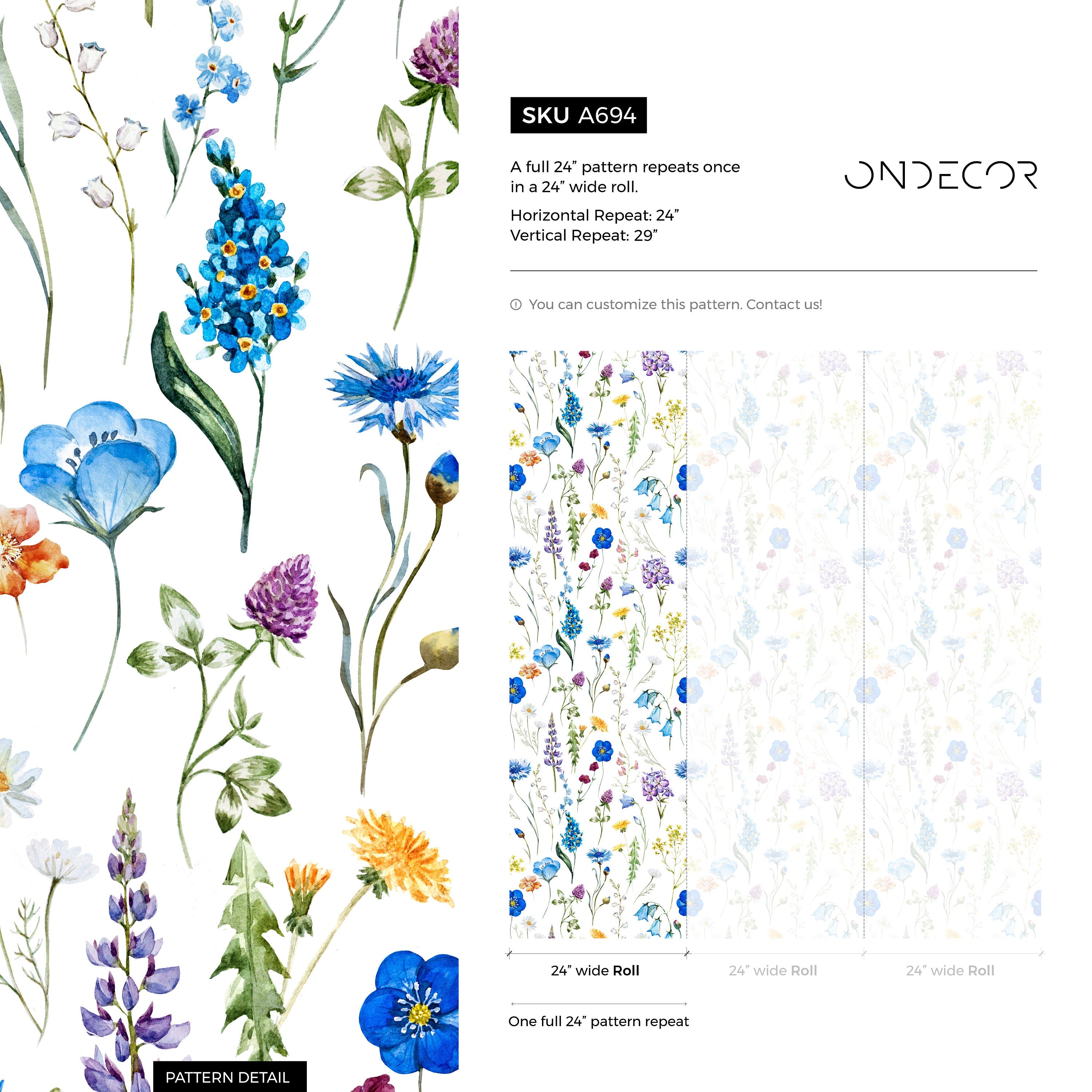 Floral Wallpaper With Watercolor Wildflowers In Blue, Purple, And Yellow - A694