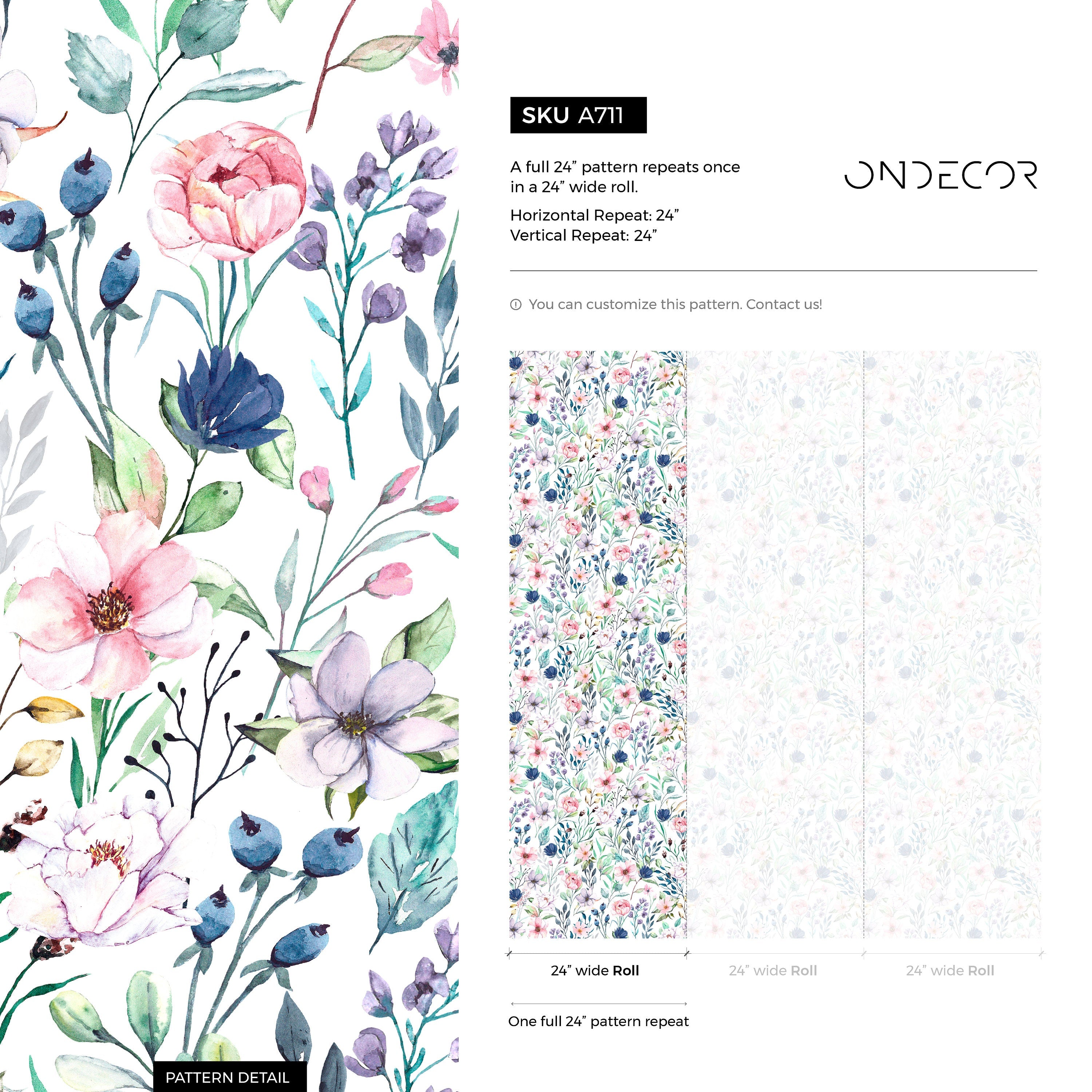 Floral Wallpaper With Watercolor Wildflowers In Pink, Blue, And Purple - A711