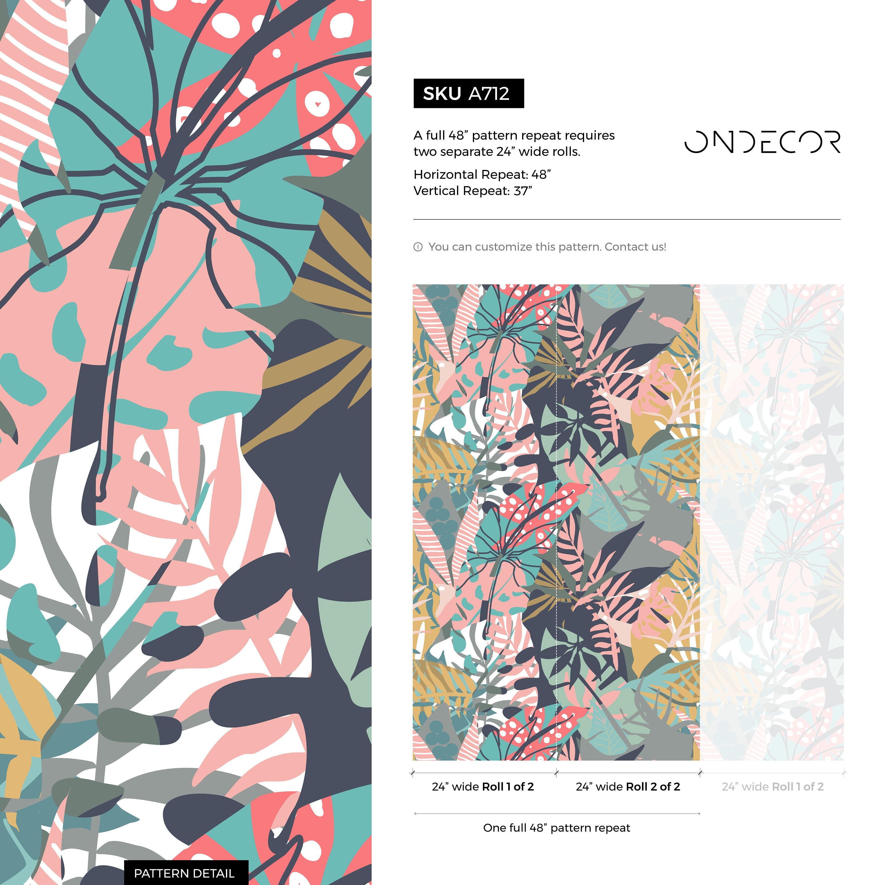 Botanical Wallpaper Featuring Stylized Tropical Leaves In Teal, Pink, And Gold - A712