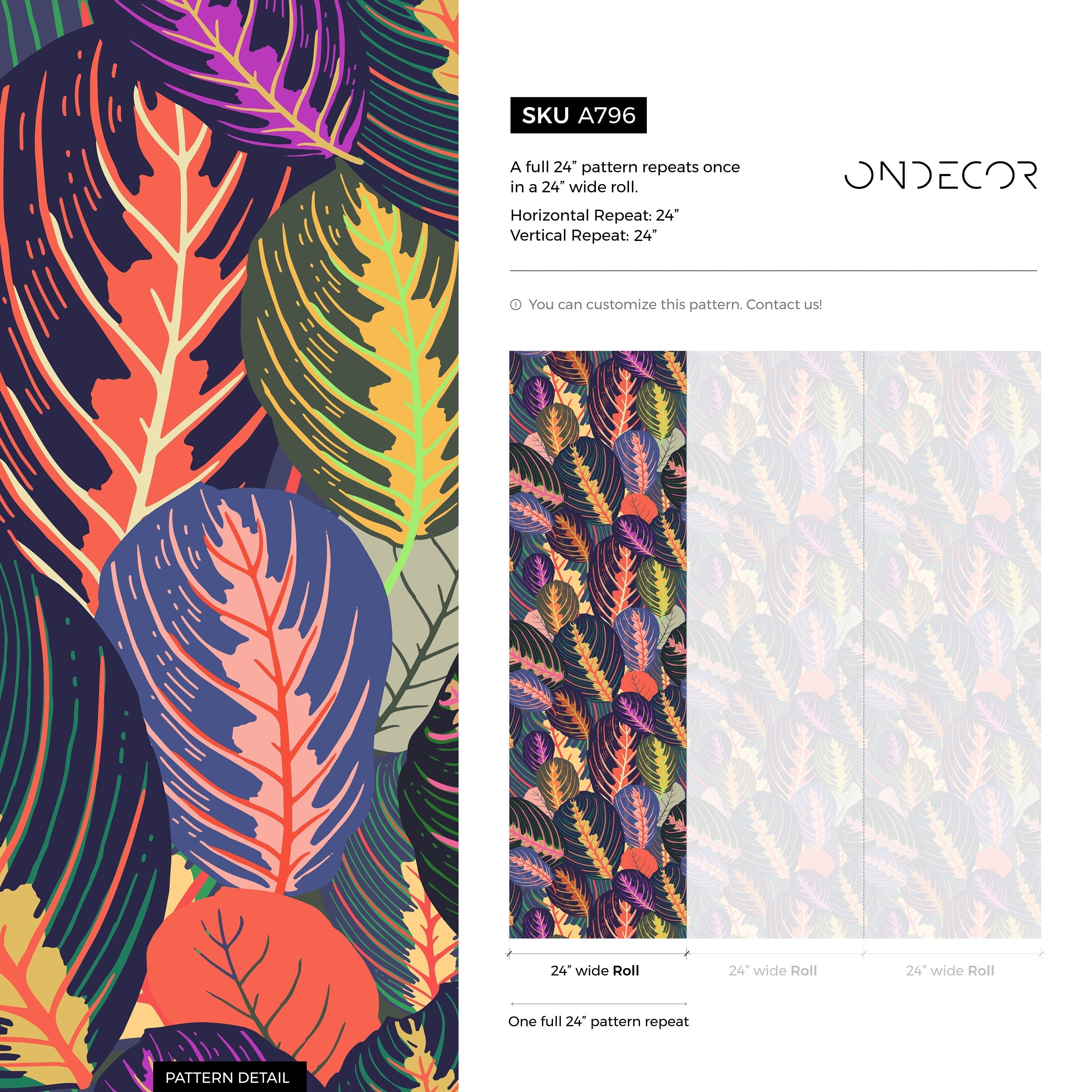 Botanical Wallpaper Featuring Stylized Tropical Leaves In Blue, Orange, And Purple - A796