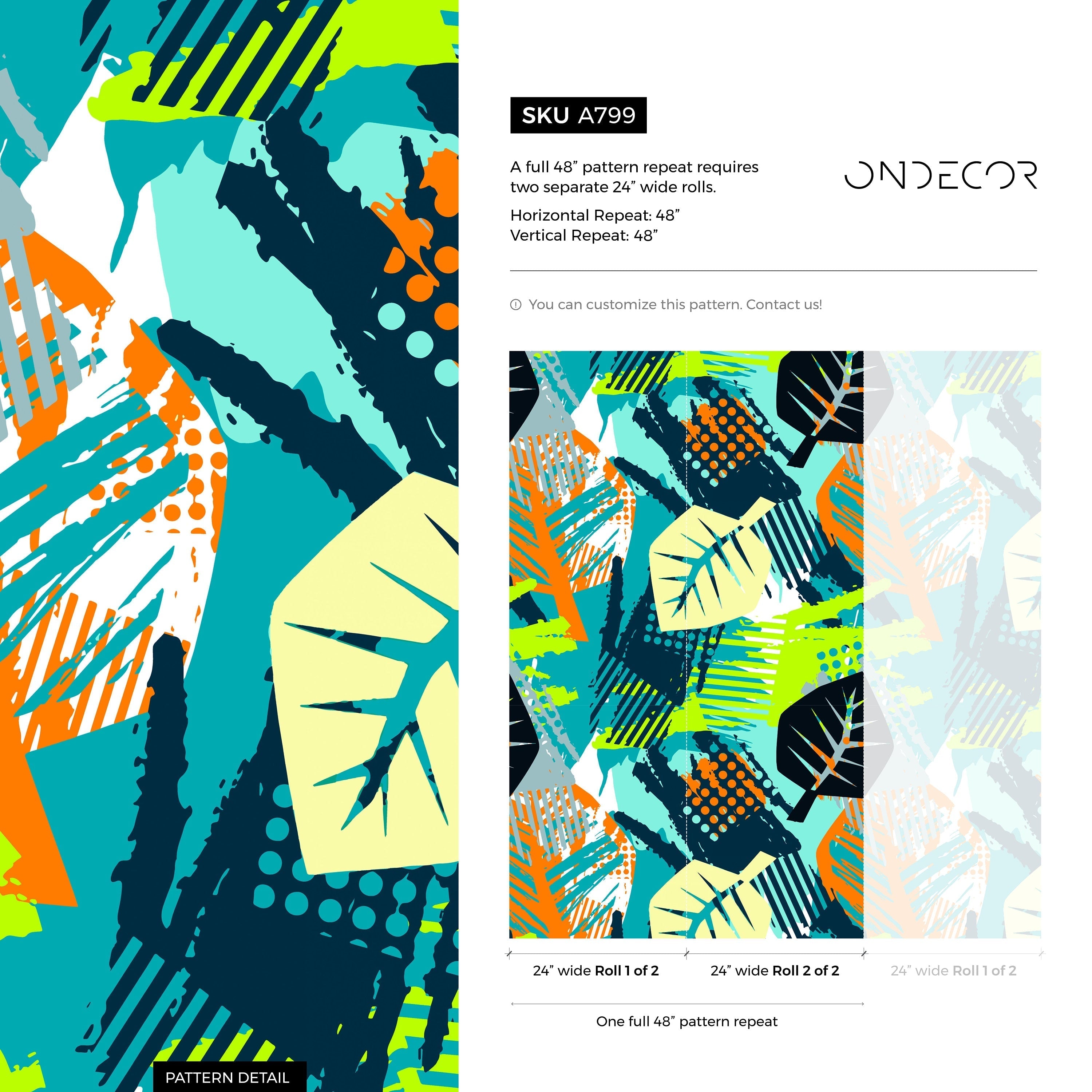 Abstract Wallpaper With Stylized Botanical Leaves In Teal, Orange, And Green - A799