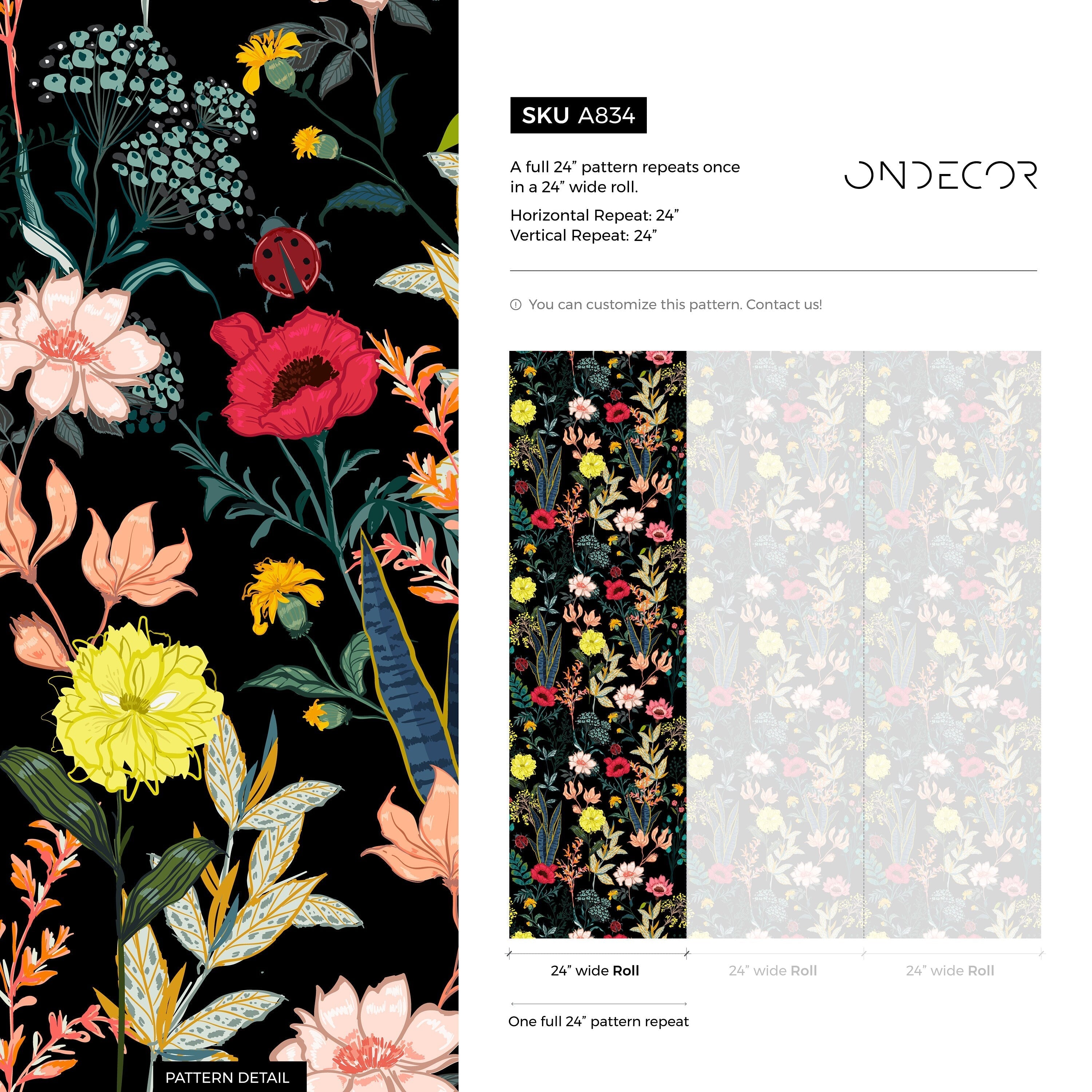 Botanical Wallpaper With Colorful Flowers And Ladybugs In Red, Yellow, And Pink - A834