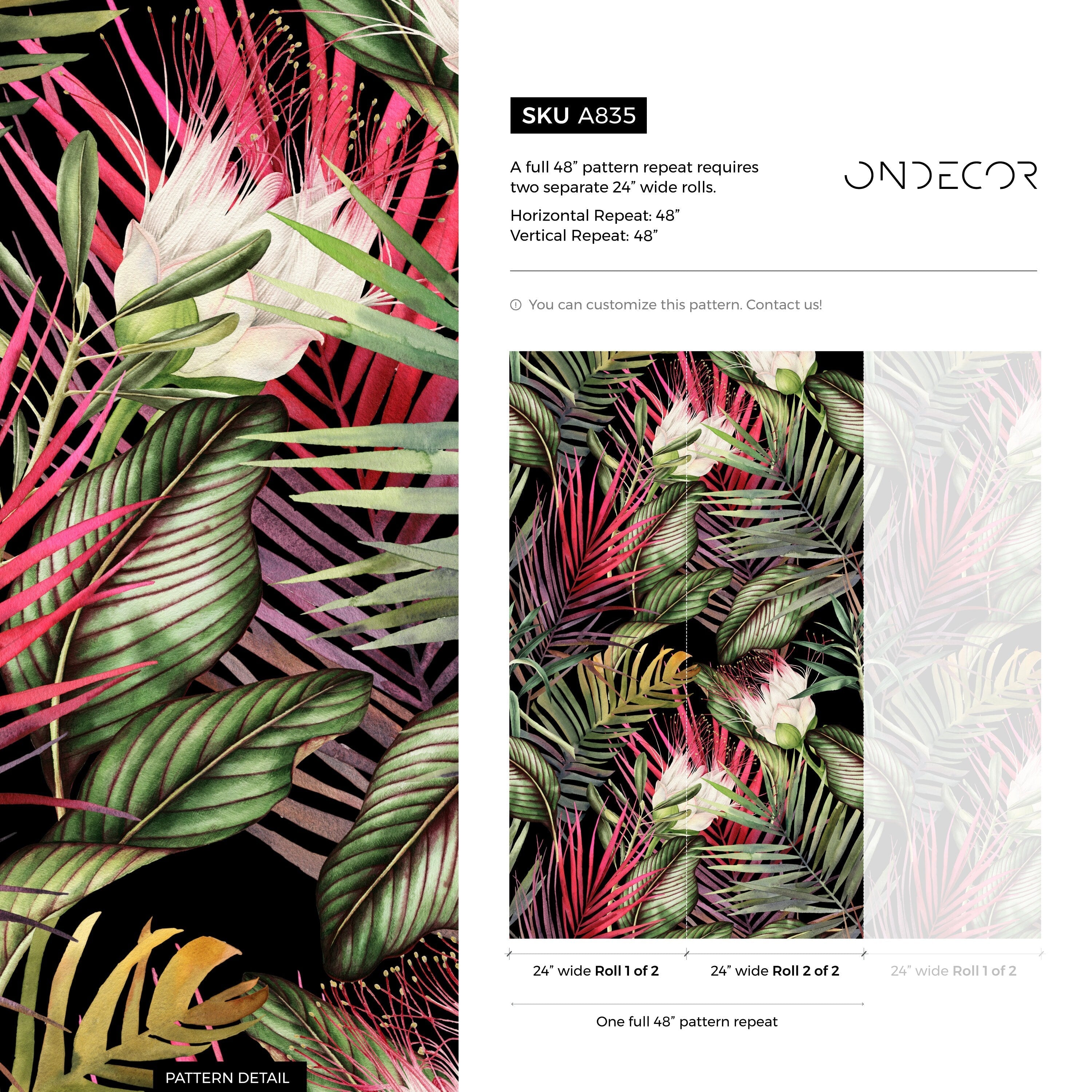 Tropical Wallpaper With Lush Jungle Foliage In Black, Green, And Pink - A835