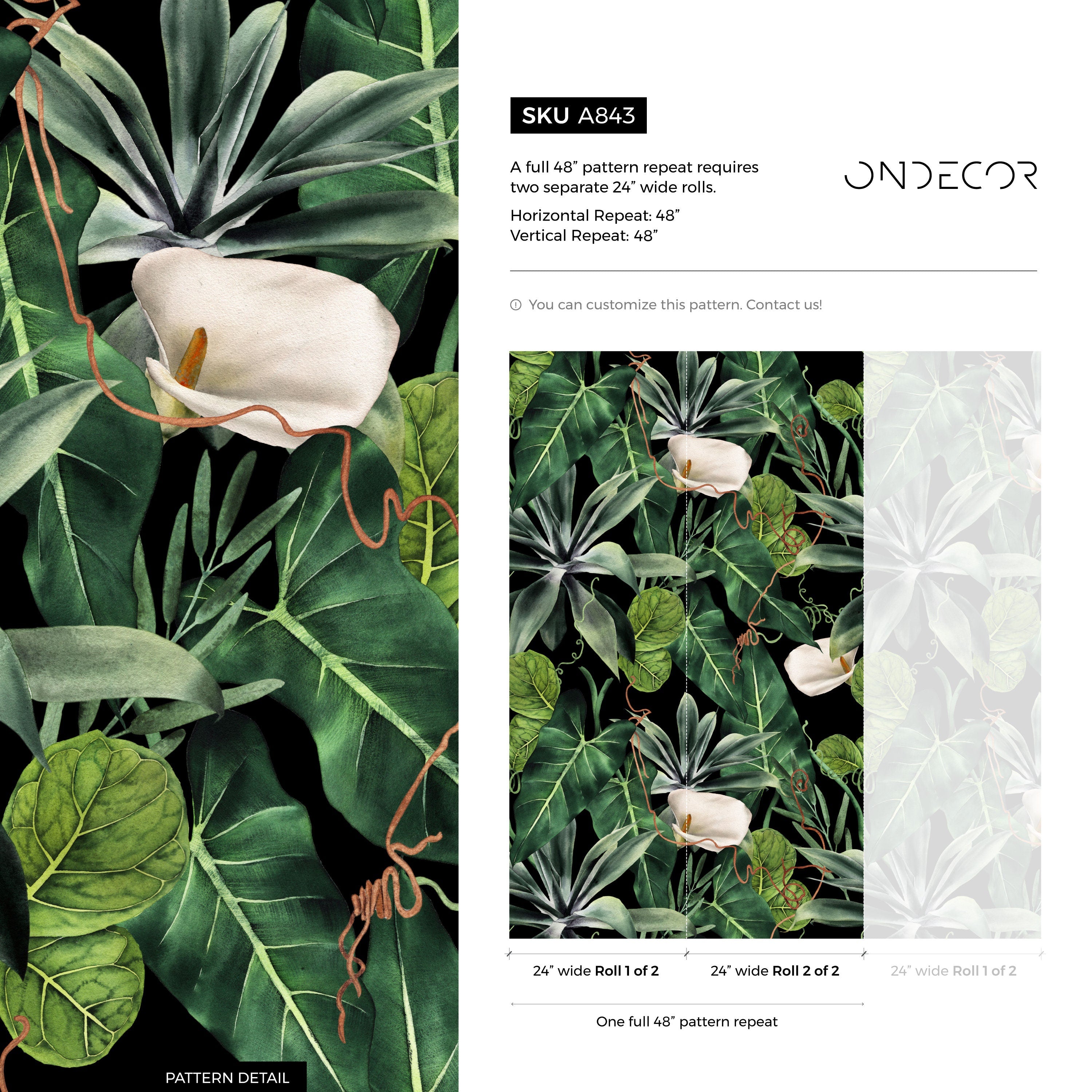 Botanical Wallpaper With Calla Lilies And Lush Leaves In Green, White, And Black - A843