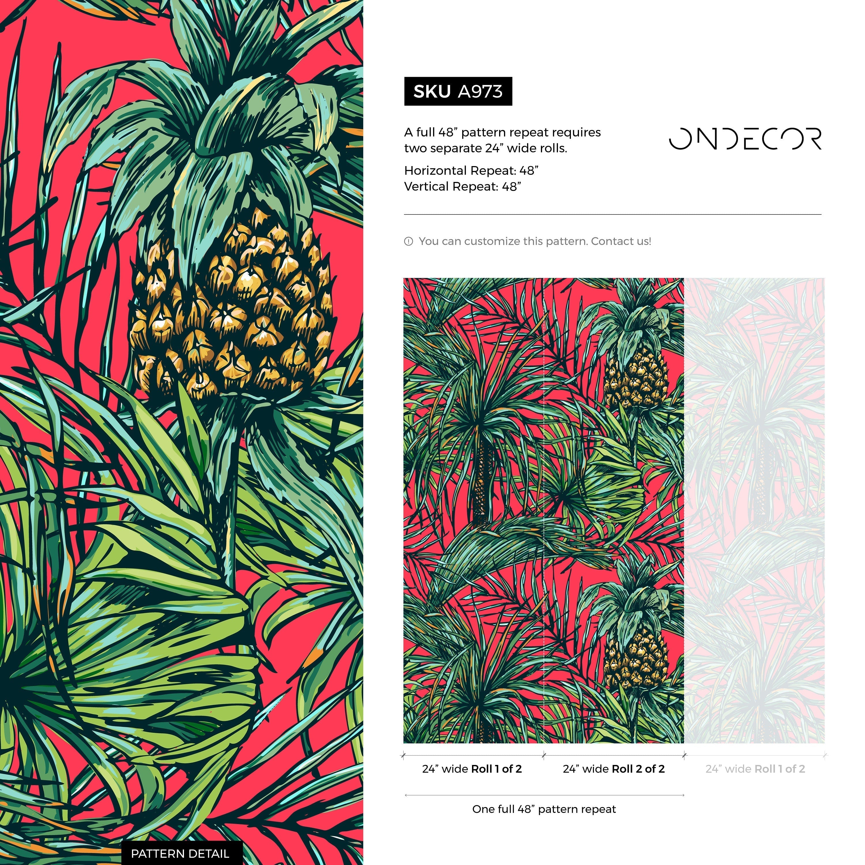 Tropical Wallpaper With Pineapples And Palm Leaves In Red, Green, And Yellow - A973