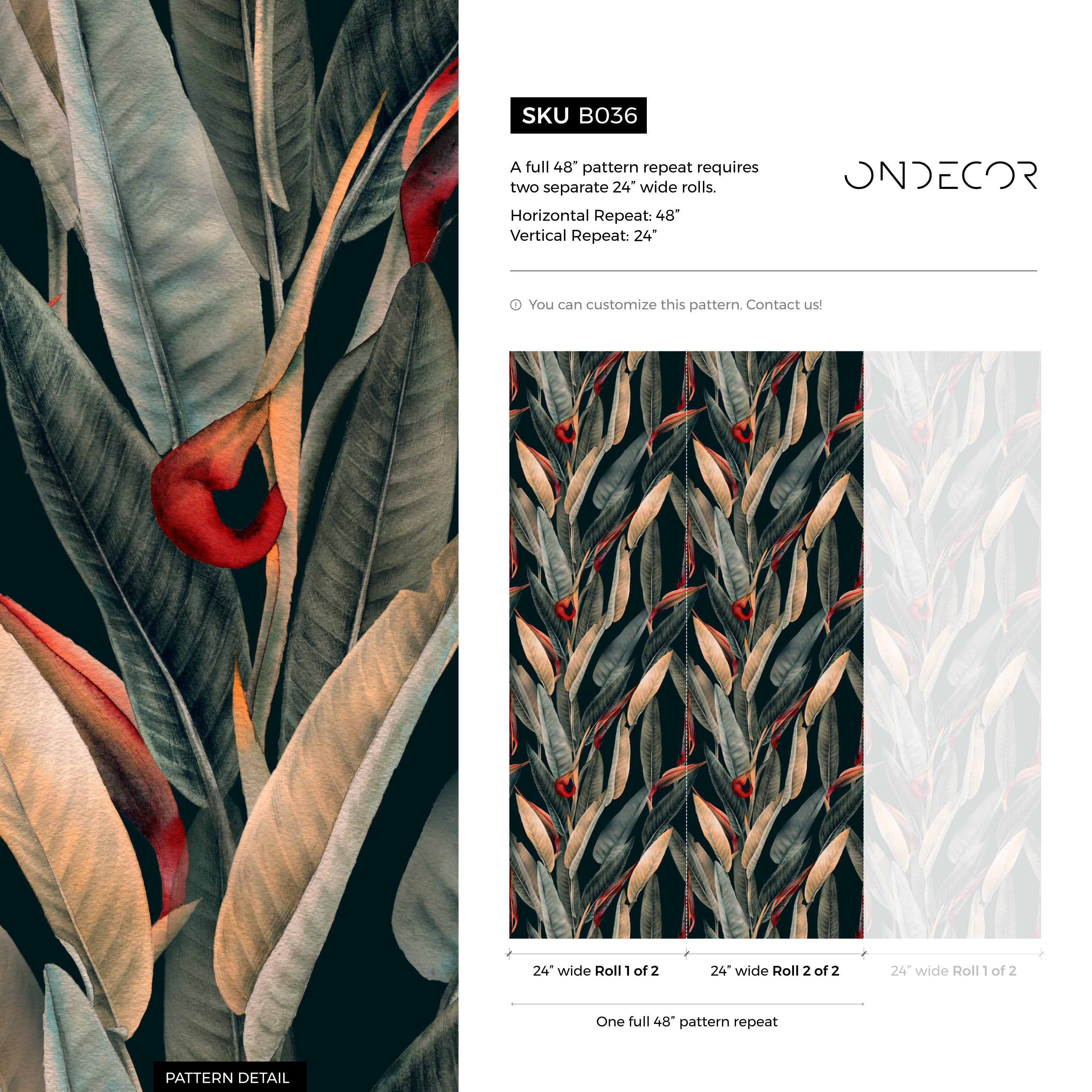 Botanical Wallpaper With Bird Of Paradise Leaves In Dark Green, Beige, And Red - B036