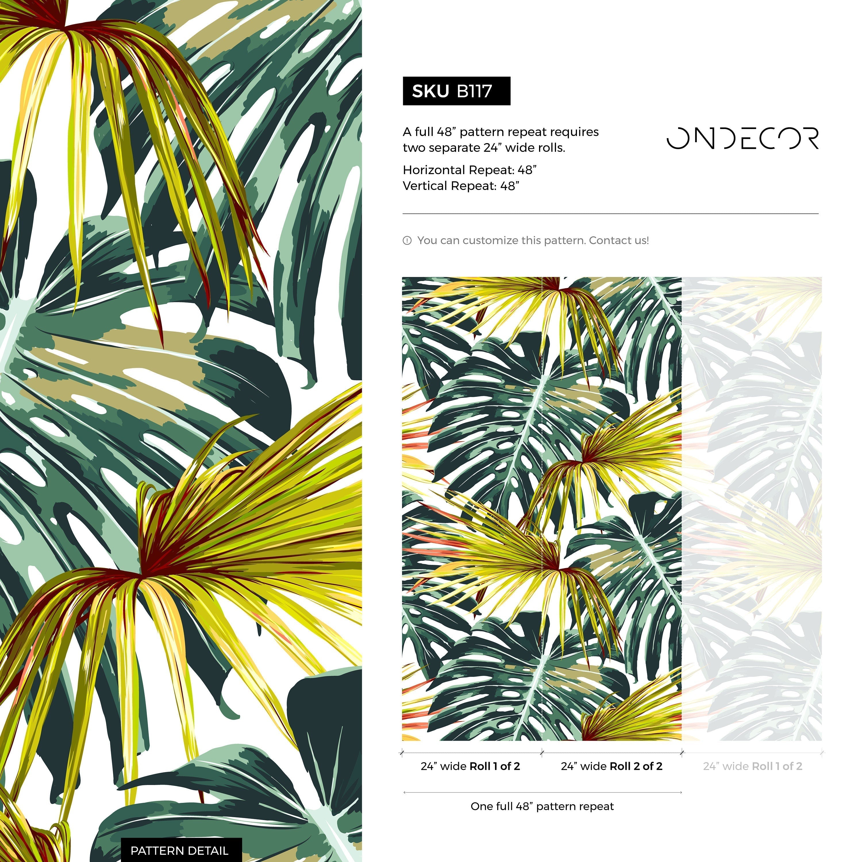 Tropical Wallpaper Featuring Monstera And Palm Leaves In Green, Yellow, And Red - B117