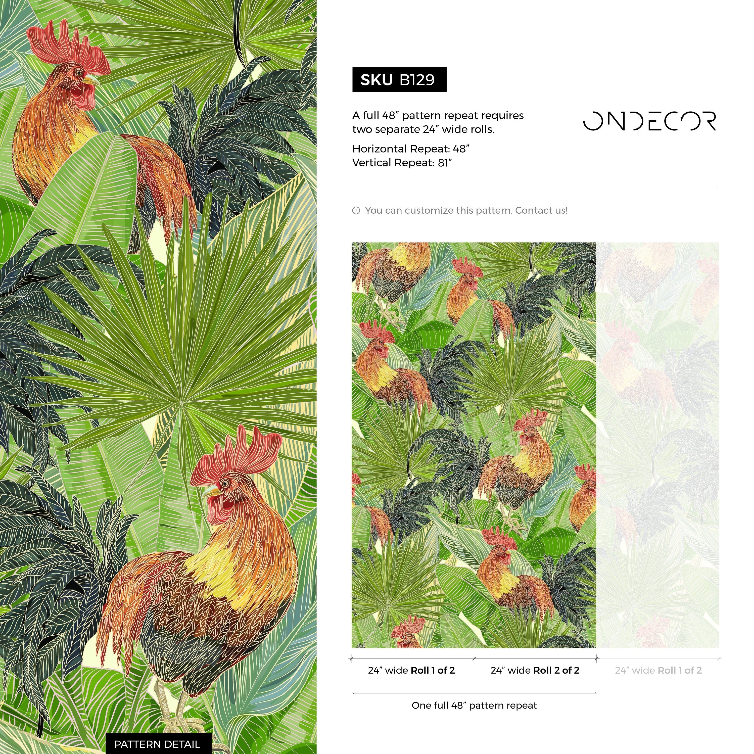 Tropical Wallpaper With Roosters And Palm Leaves In Green And Red - B129