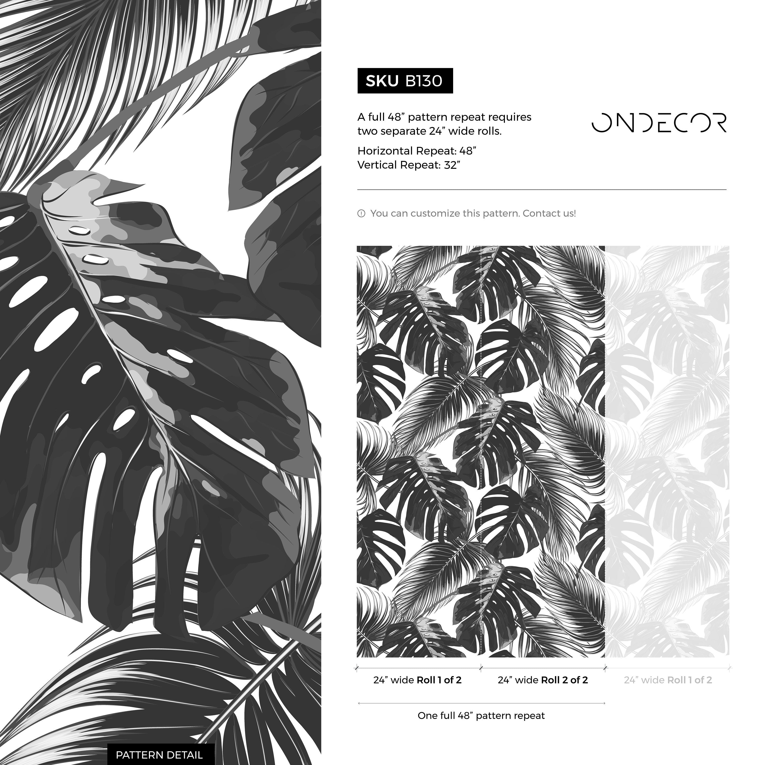 Botanical Wallpaper With Monstera And Palm Leaves In Black And Gray - B130