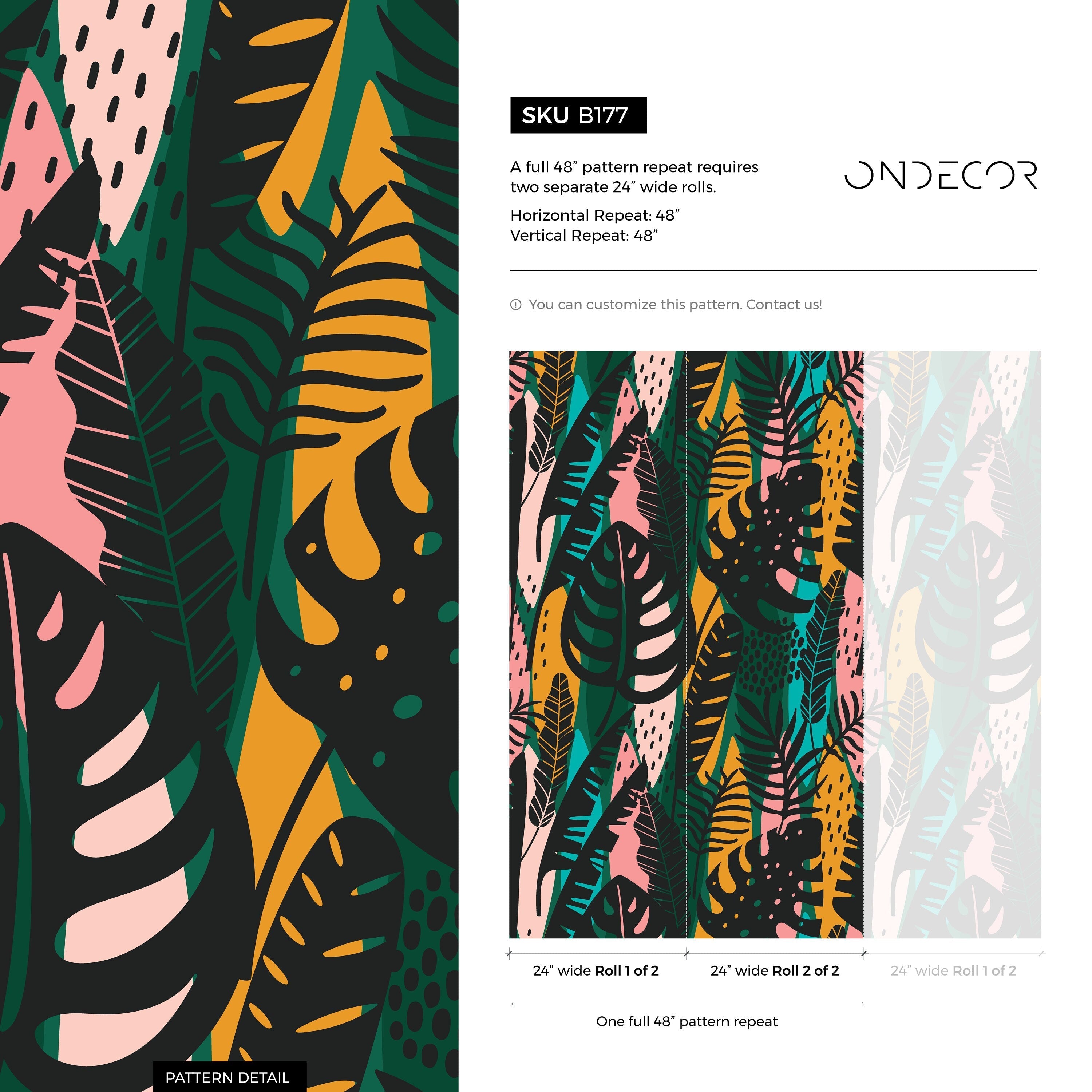 Botanical Wallpaper With An Abstract Jungle Leaf Motif In Black, Green, And Yellow - B177