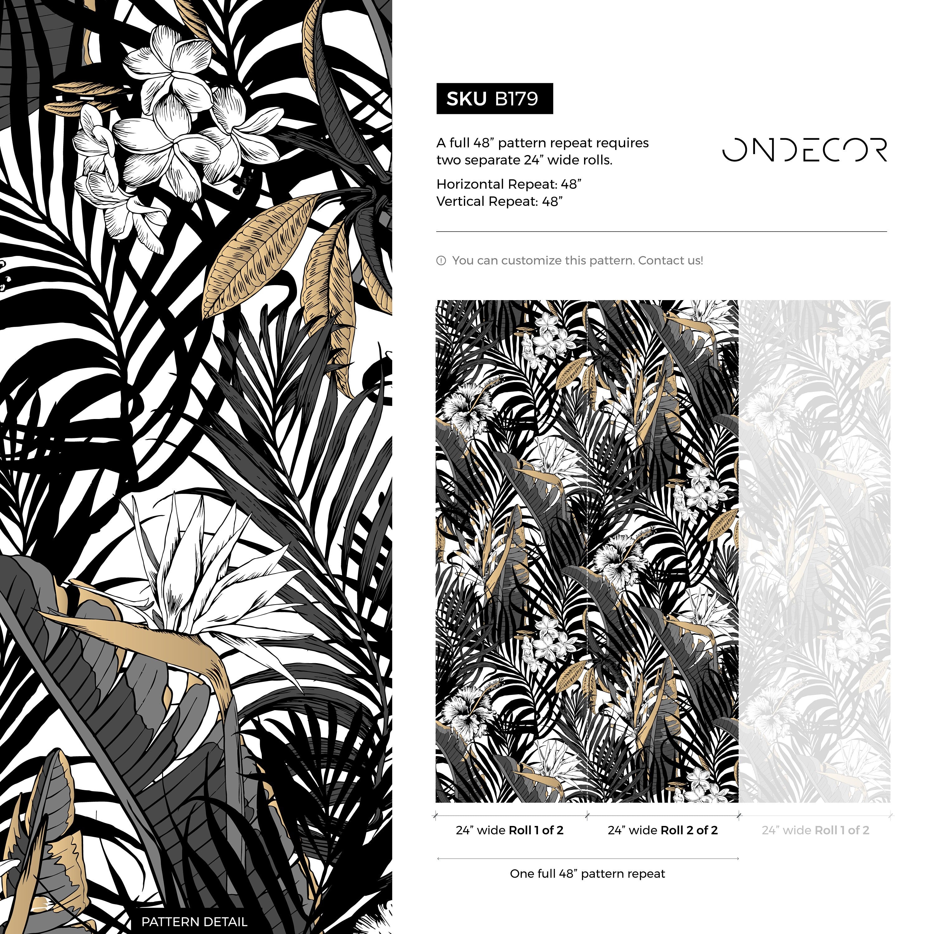 Tropical Wallpaper With Jungle Leaves And Hibiscus In Black, Grey, And Gold - B179