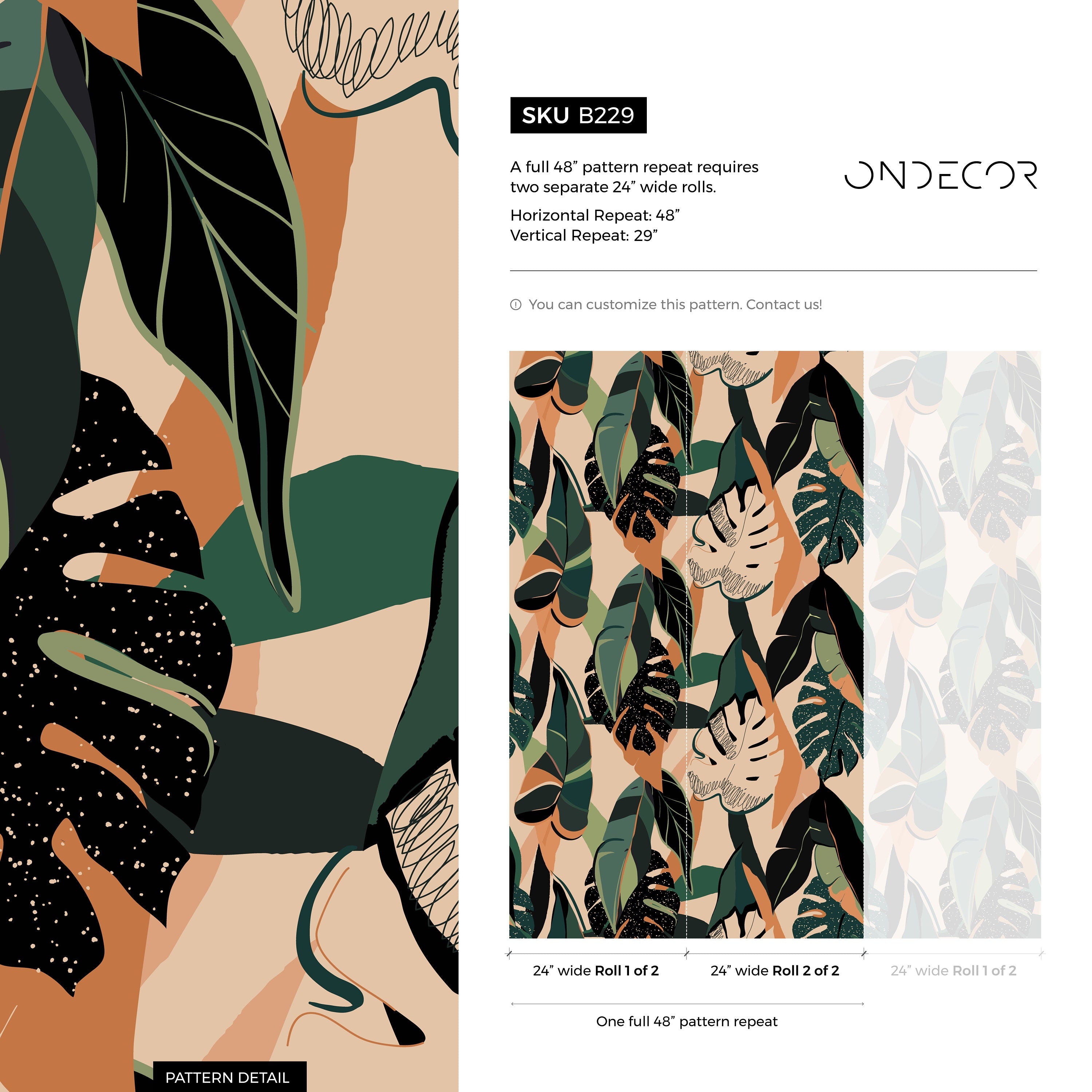 Tropical Wallpaper Featuring Abstract Jungle Leaves In Green, Terracotta, And Black - B229