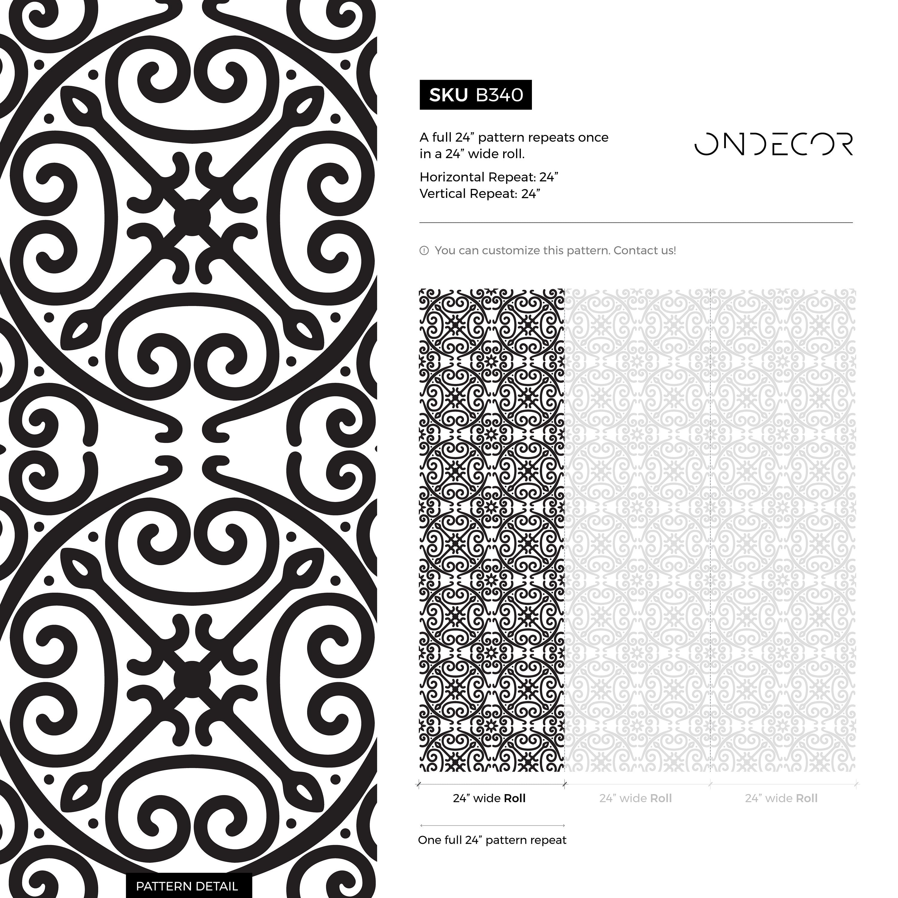 Geometric Wallpaper With An Intricate Scrollwork Motif In Black And White - B340